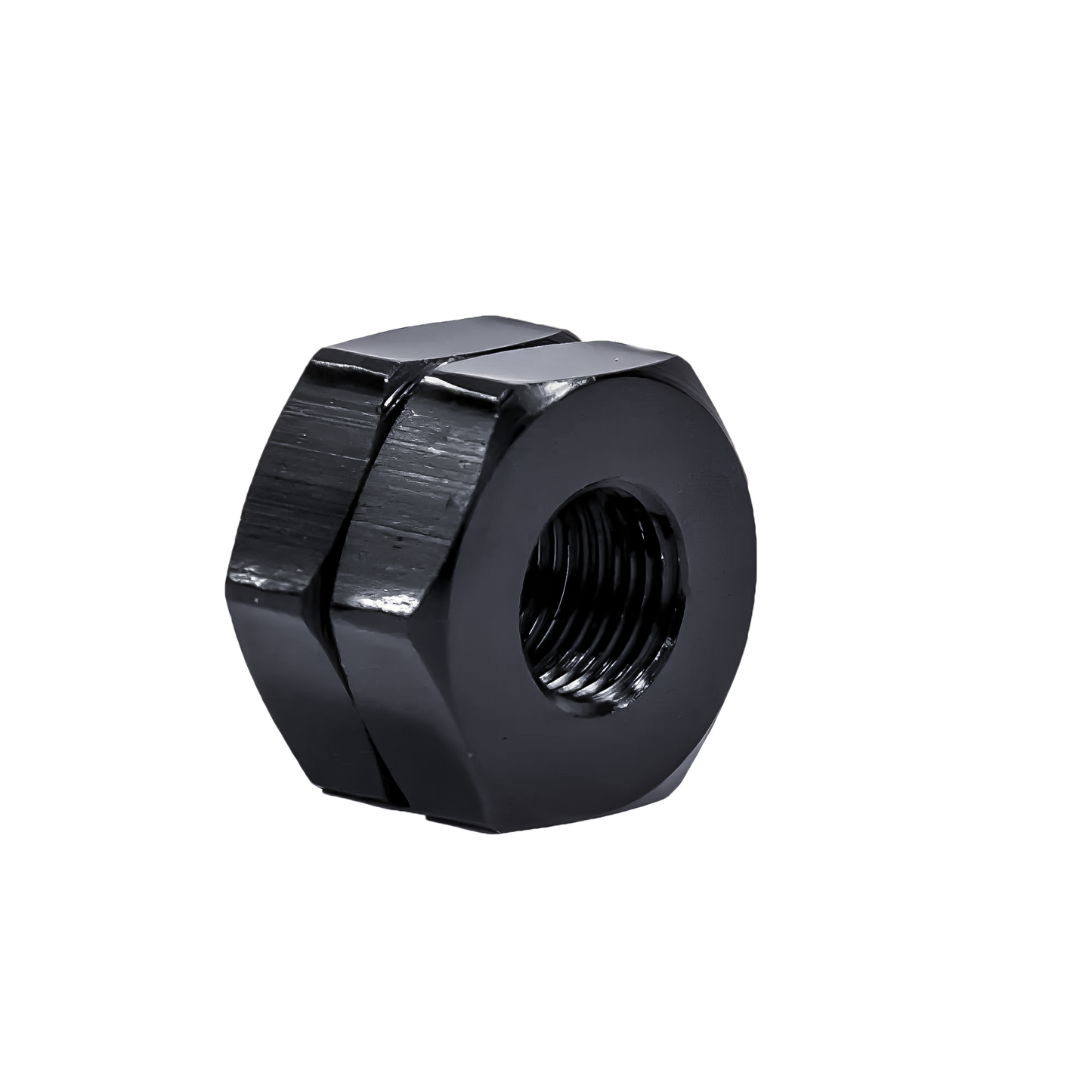 Black hex nut on white background