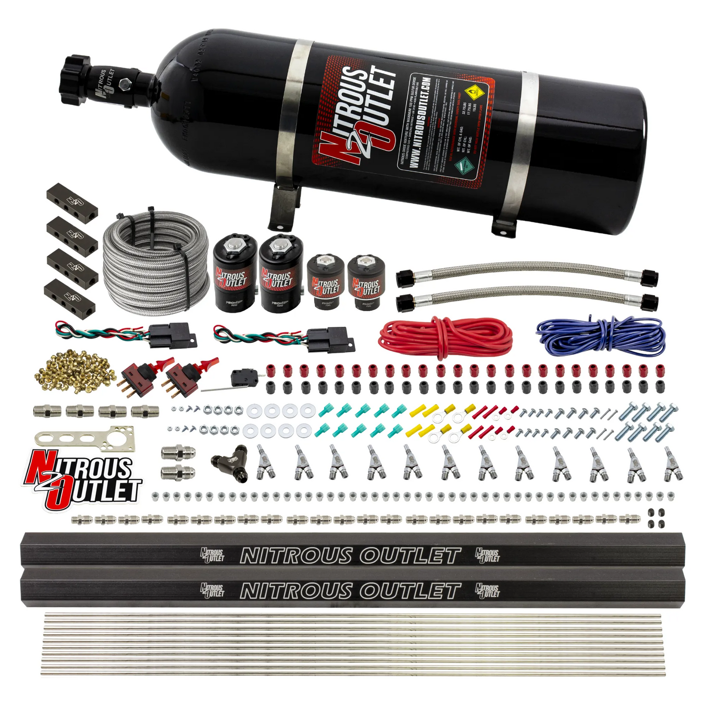 6 Cylinder 4 Solenoid Dual Stage Direct Port System With Distribution Blocks and Straight Blow Through Nozzles, Low Fuel Pressure Alcohol