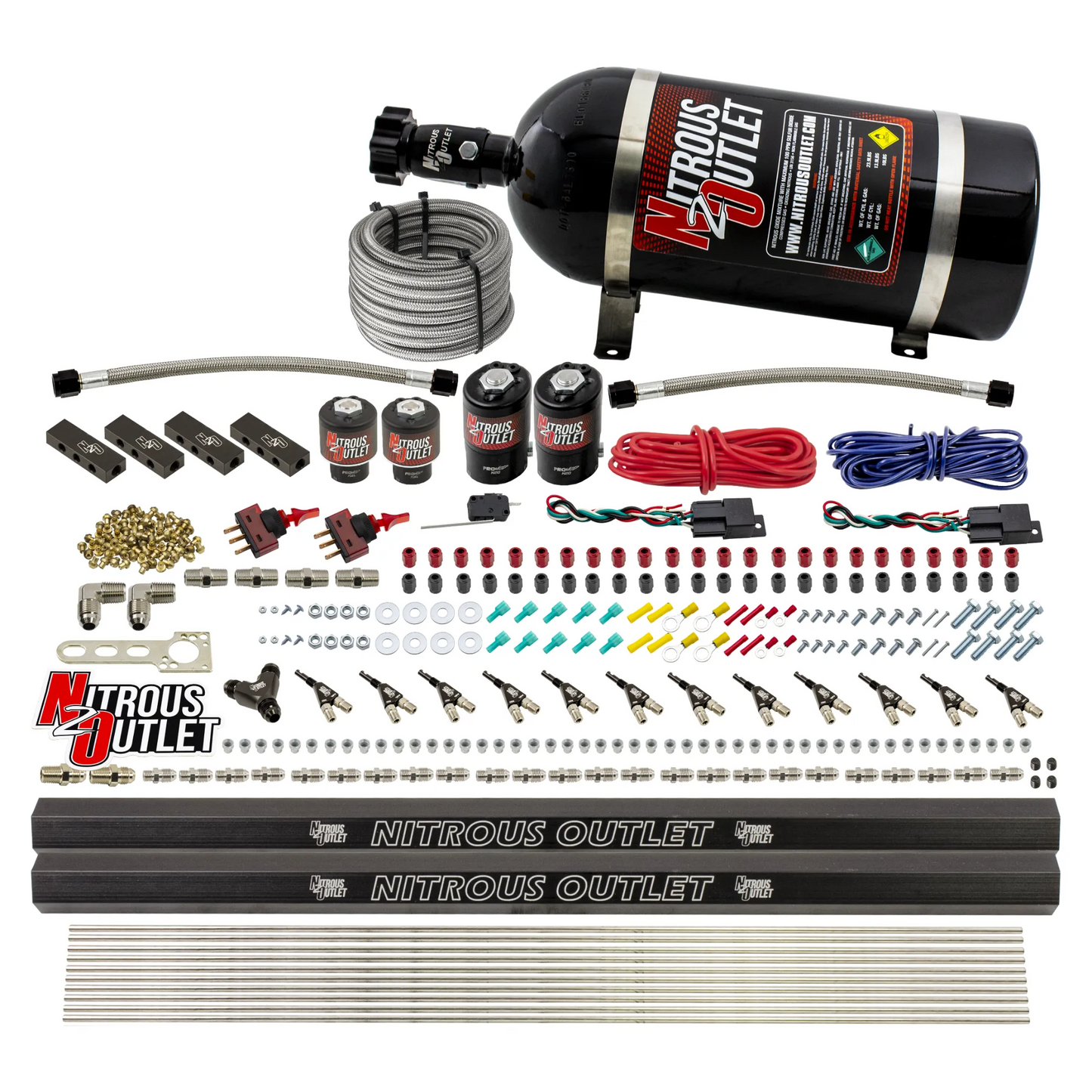 6 Cylinder 4 Solenoid Dual Stage Direct Port System With Distribution Blocks and 90 Degree Nozzles, Low Fuel Pressure E85