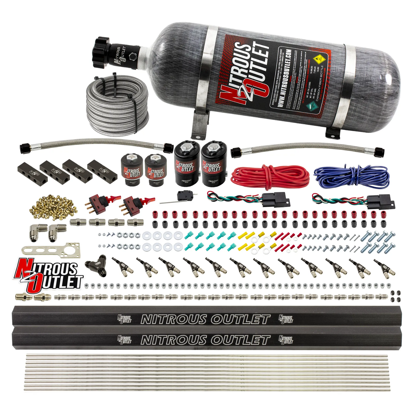 6 Cylinder 4 Solenoid Dual Stage Direct Port System With Distribution Blocks and 90 Degree Nozzles, Low Fuel Pressure E85