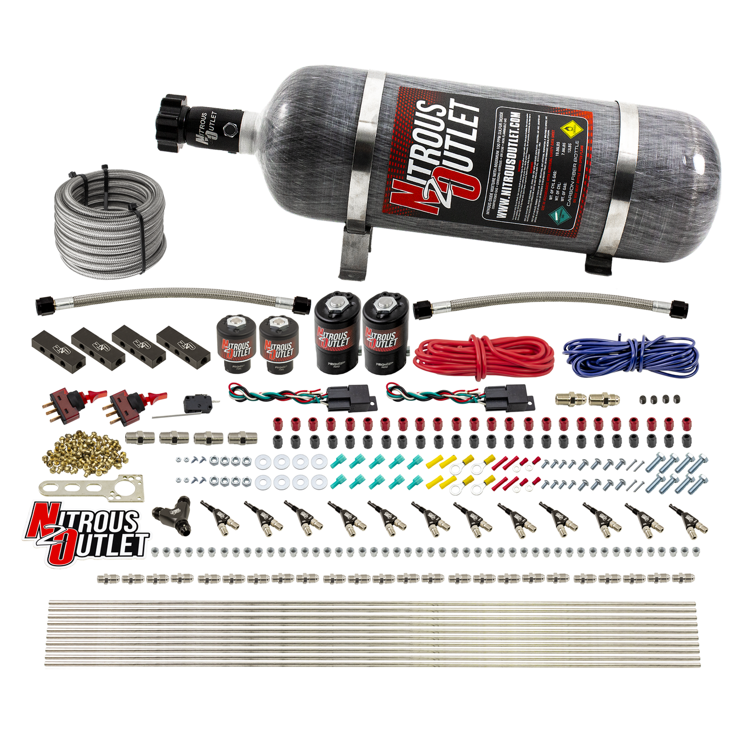 6 Cylinder 4 Solenoid Dual Stage Direct Port System With Distribution Blocks and 90 Degree Nozzles, High Fuel Pressure E85