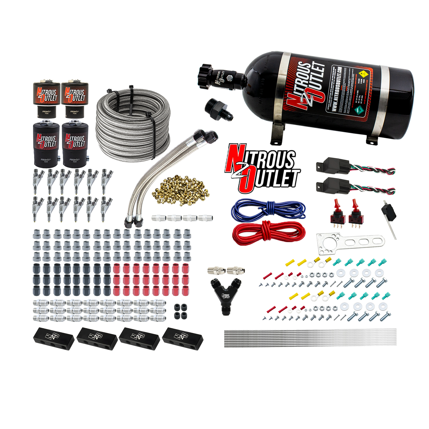 6 Cylinder 4 Solenoid Dual Stage Direct Port System With Distribution Blocks and Straight Blow Through Nozzles, High Fuel Pressure E85