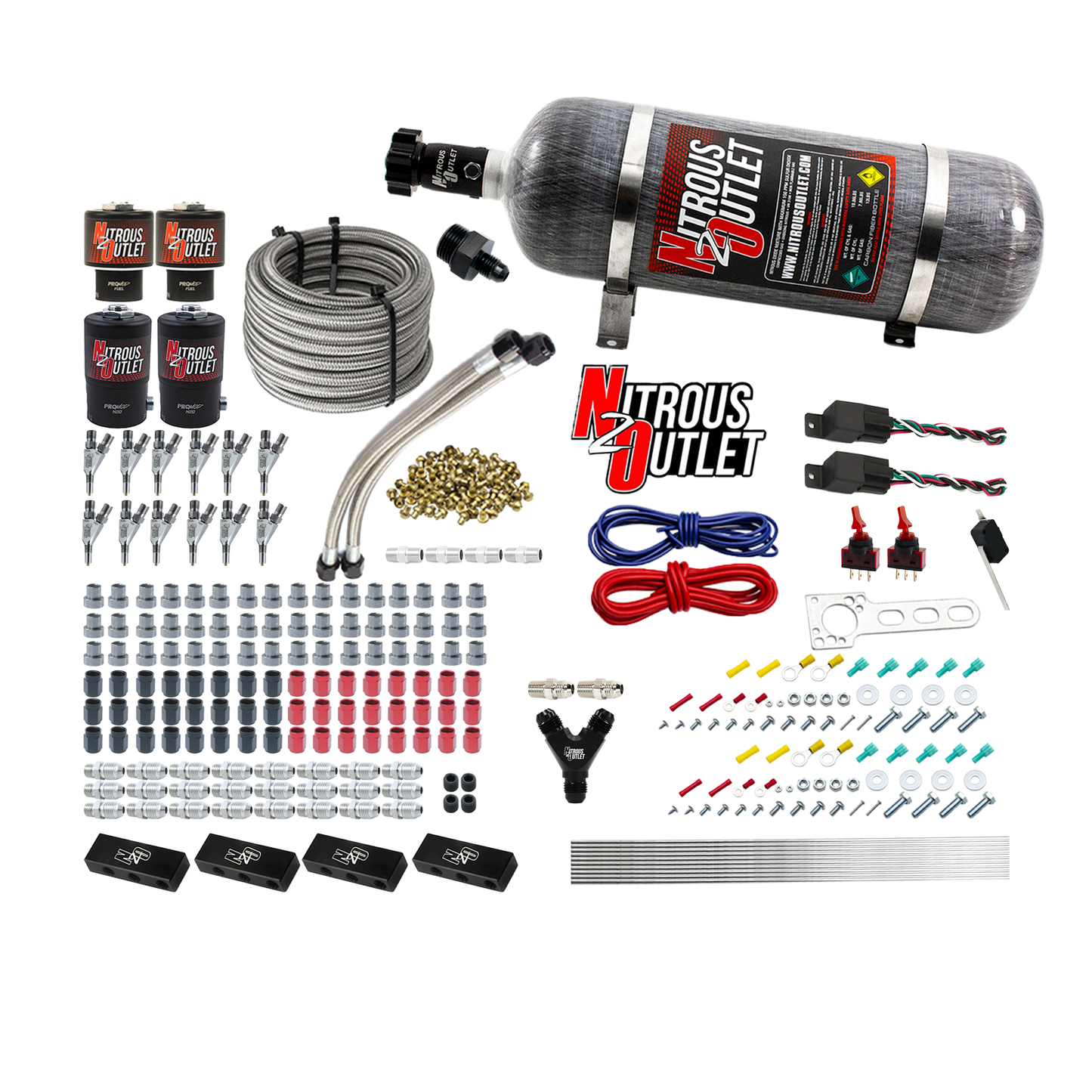 6 Cylinder 4 Solenoid Dual Stage Direct Port System With Distribution Blocks and Straight Blow Through Nozzles, High Fuel Pressure E85