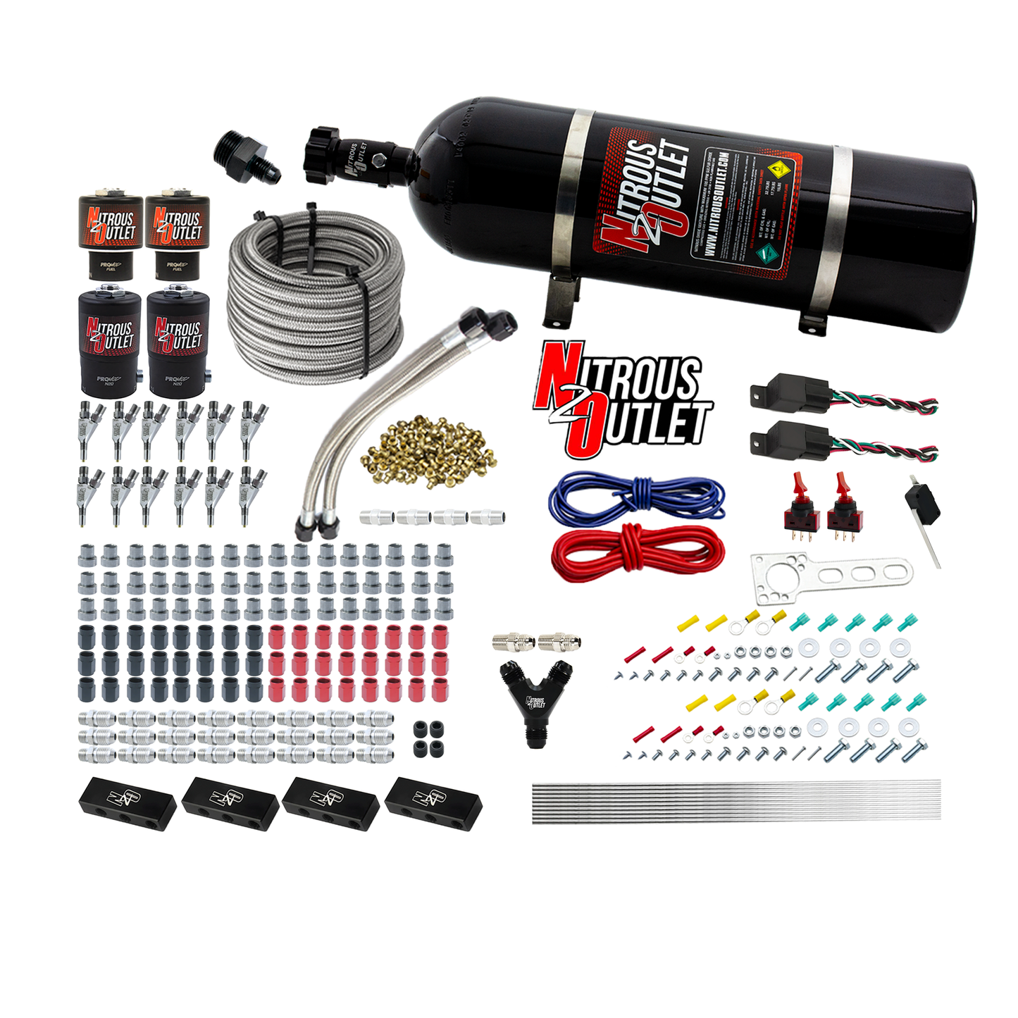 6 Cylinder 4 Solenoid Dual Stage Direct Port System With Distribution Blocks and Straight Blow Through Nozzles, High Fuel Pressure E85