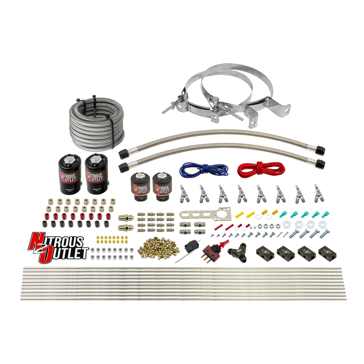 8 Cylinder Single Stage Direct Port Nitrous System - .122 Nitrous/.177 Fuel Solenoids - Alcohol - Straight Blow Through Nozzles