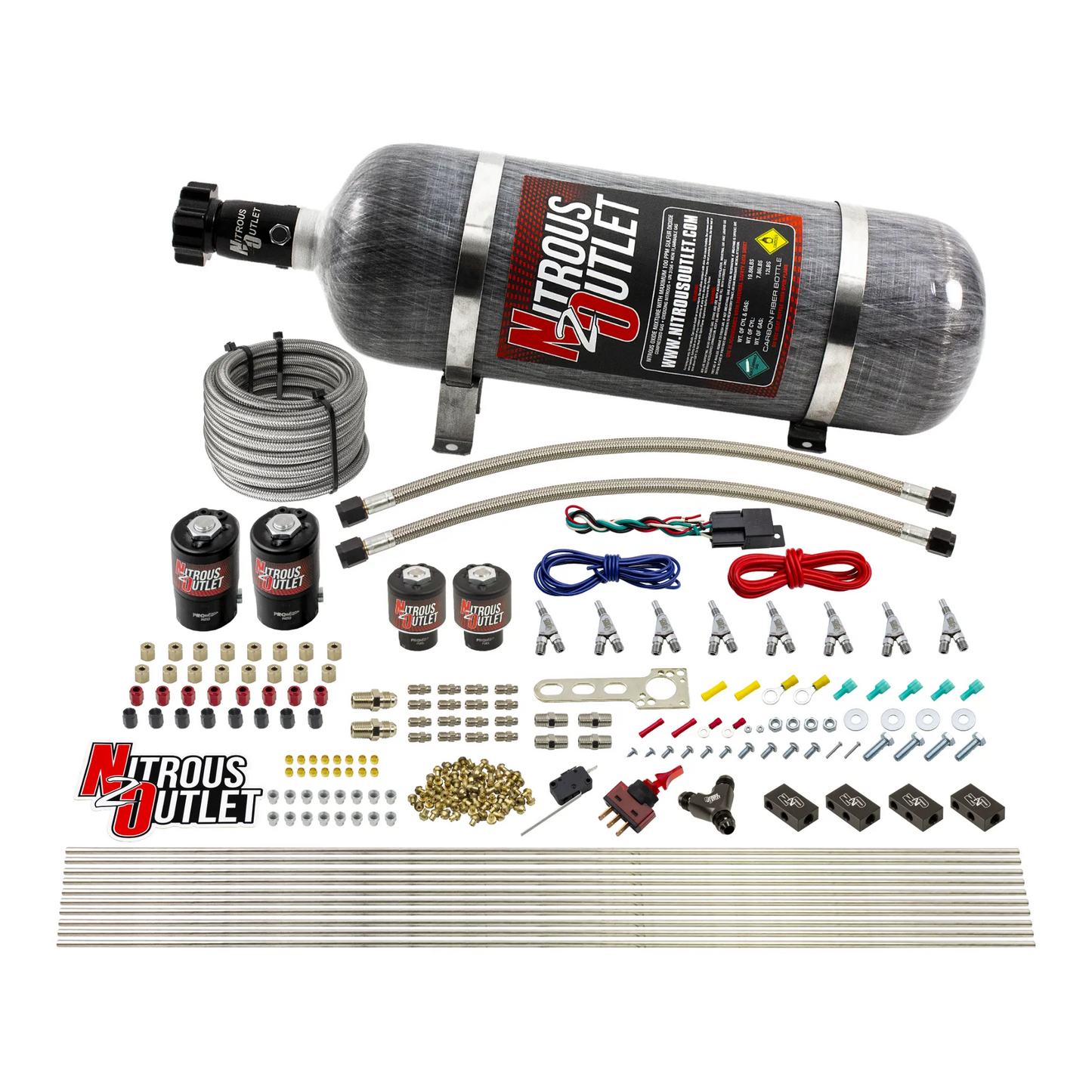 8 Cylinder Single Stage Direct Port Nitrous System - .112 Nitrous/.177 Fuel Solenoids - Alcohol - Straight Blow Through Nozzles
