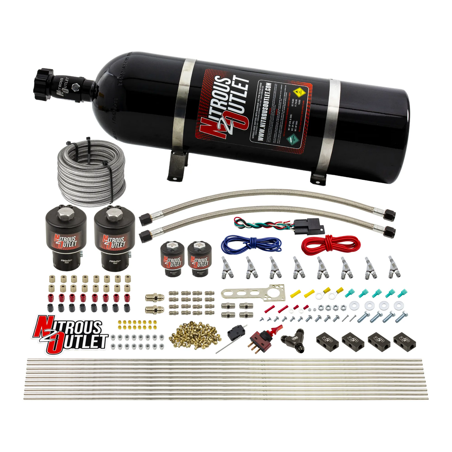 8 Cylinder Single Stage Direct Port Nitrous System - .178 Nitrous/.177 Fuel Solenoids - Alcohol - Straight Blow Through Nozzles