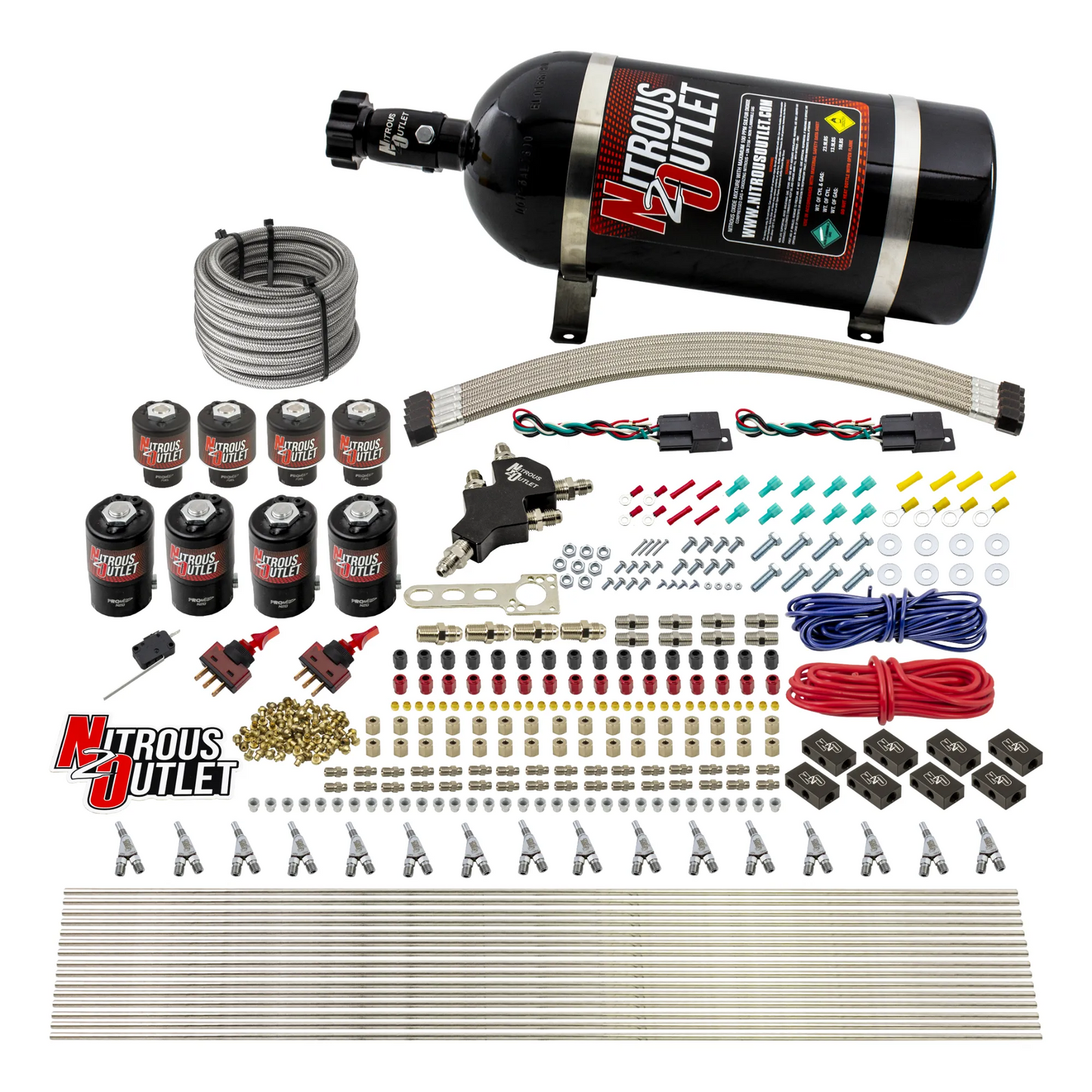 8 Cylinder Dual Stage Direct Port Nitrous System - .122 Nitrous/.177 Fuel Solenoids - E85 - Straight Blow Through Nozzles
