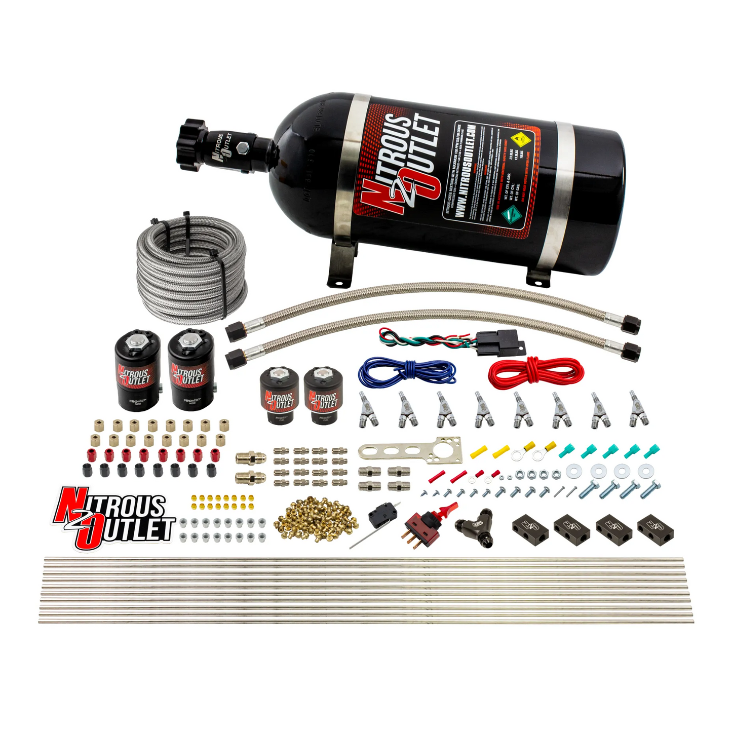 8 Cylinder Single Stage Direct Port Nitrous System - .112 Nitrous/.177 Fuel Solenoids - E85 - Straight Blow Through Nozzles