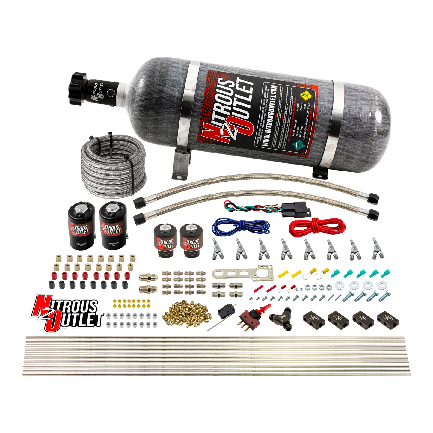 8 Cylinder Single Stage Direct Port Nitrous System - .112 Nitrous/.177 Fuel Solenoids - E85 - Straight Blow Through Nozzles