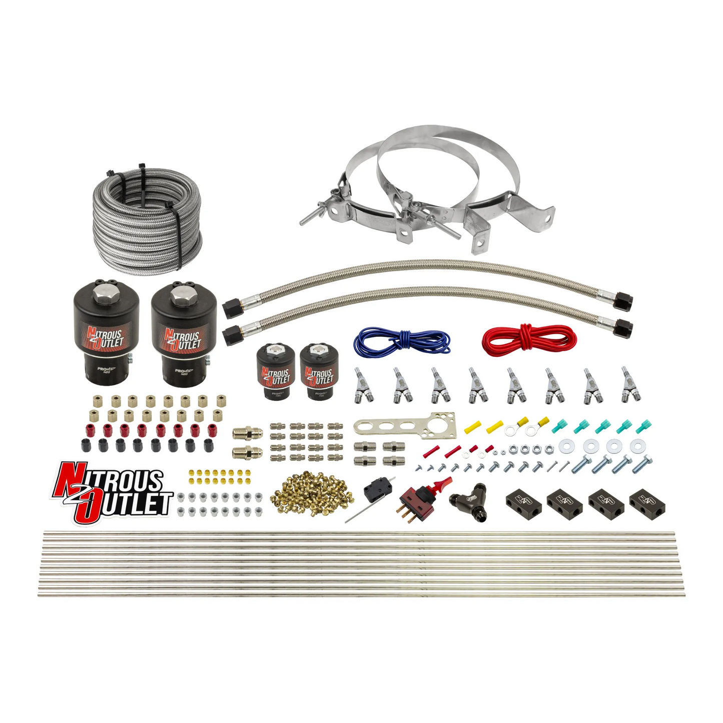 8 Cylinder Single Stage Direct Port Nitrous System - .178 Nitrous/.177 Fuel Solenoids - E85 - Straight Blow Through Nozzles