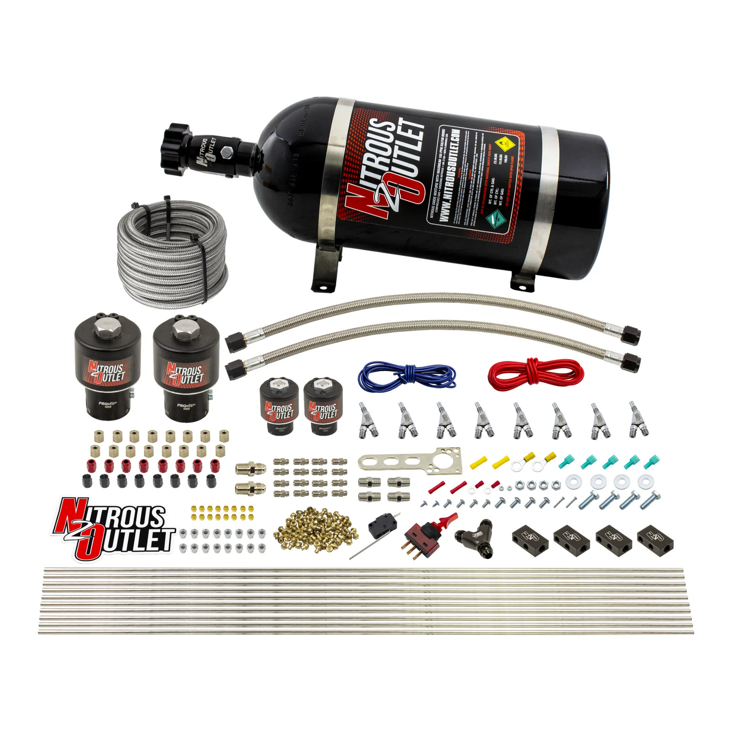 8 Cylinder Single Stage Direct Port Nitrous System - .178 Nitrous/.177 Fuel Solenoids - E85 - Straight Blow Through Nozzles