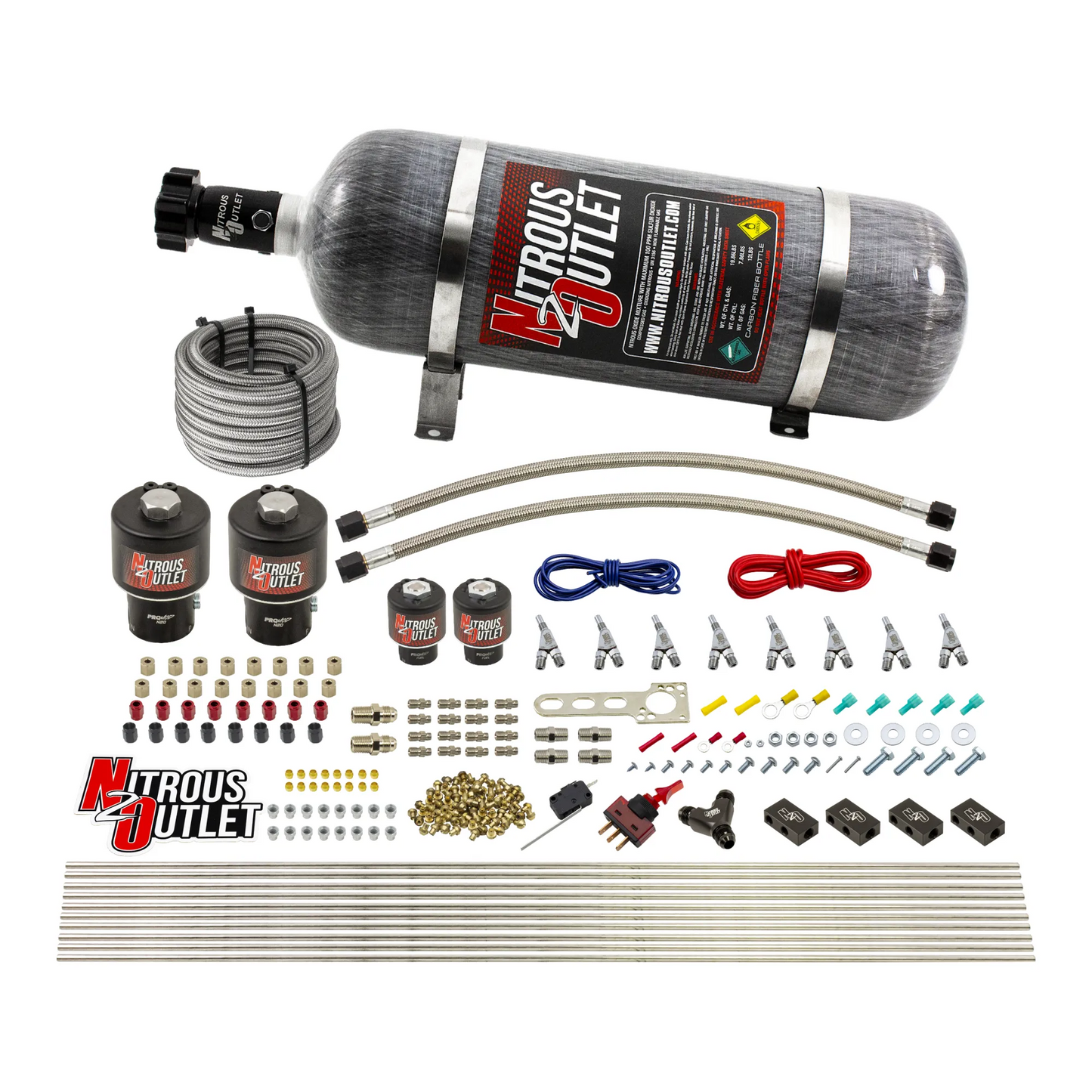 8 Cylinder Single Stage Direct Port Nitrous System - .178 Nitrous/.177 Fuel Solenoids - E85 - Straight Blow Through Nozzles