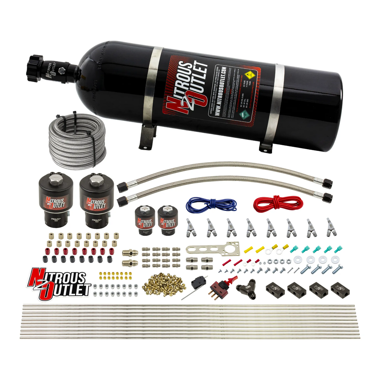 8 Cylinder Single Stage Direct Port Nitrous System - .178 Nitrous/.177 Fuel Solenoids - E85 - Straight Blow Through Nozzles