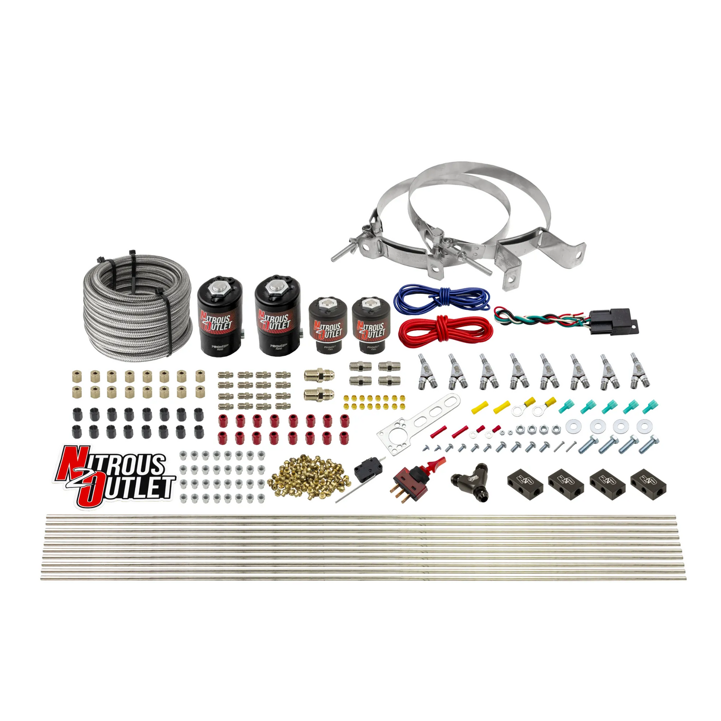 8 Cylinder Single Stage Direct Port Nitrous System - .122 Nitrous/.177 Fuel Solenoids - Straight Blow Through Nozzles
