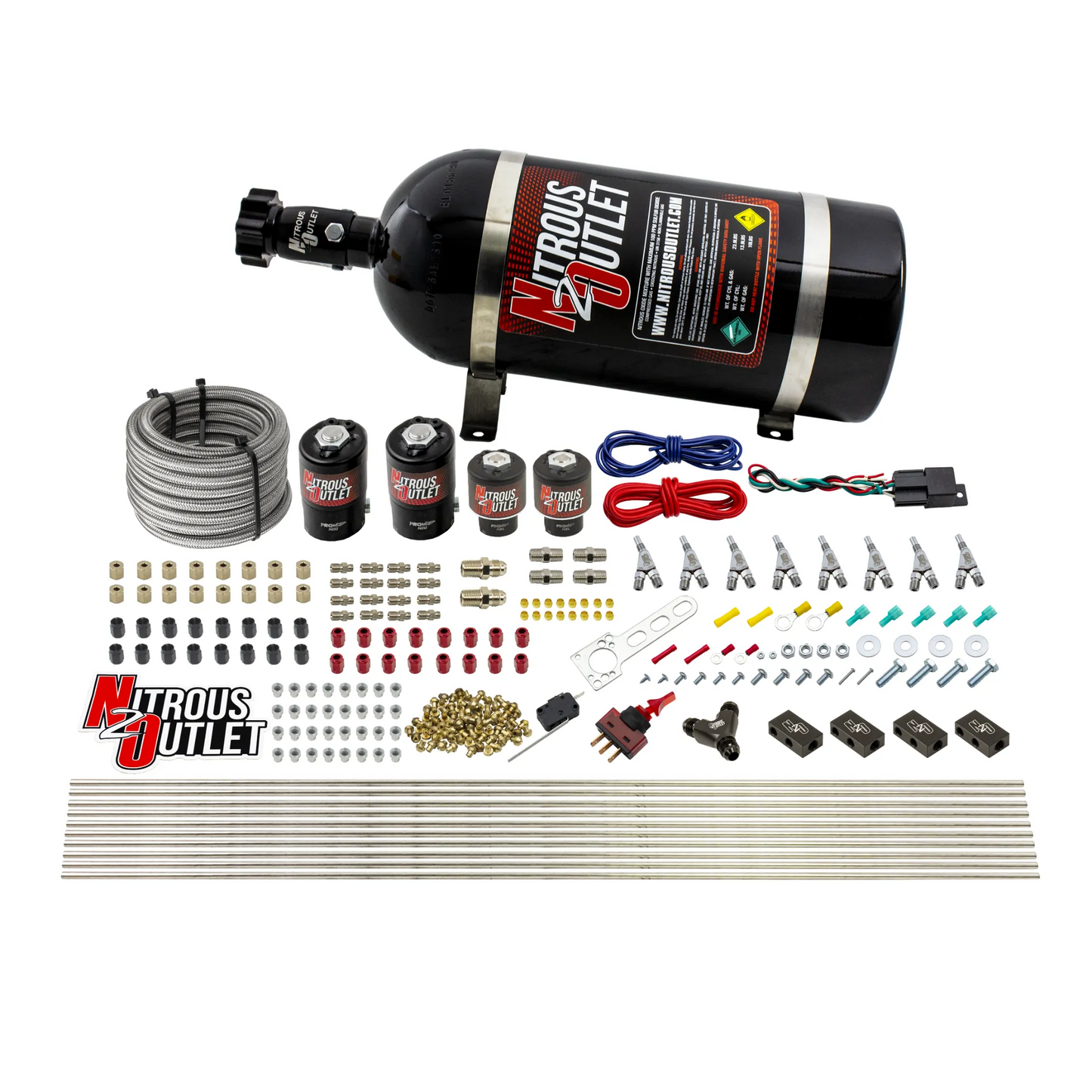 8 Cylinder Single Stage Direct Port Nitrous System - .122 Nitrous/.177 Fuel Solenoids - Straight Blow Through Nozzles