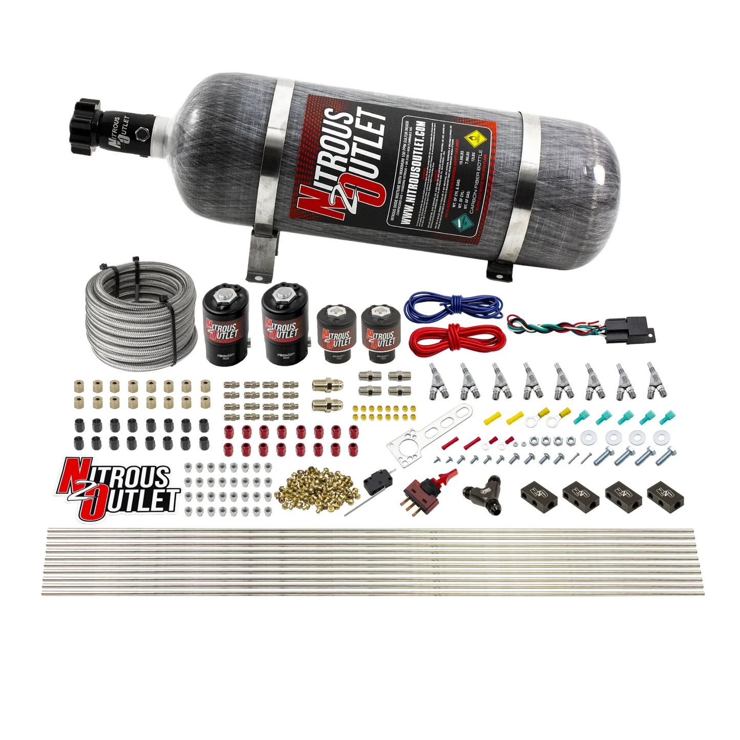8 Cylinder Single Stage Direct Port Nitrous System - .122 Nitrous/.177 Fuel Solenoids - Straight Blow Through Nozzles