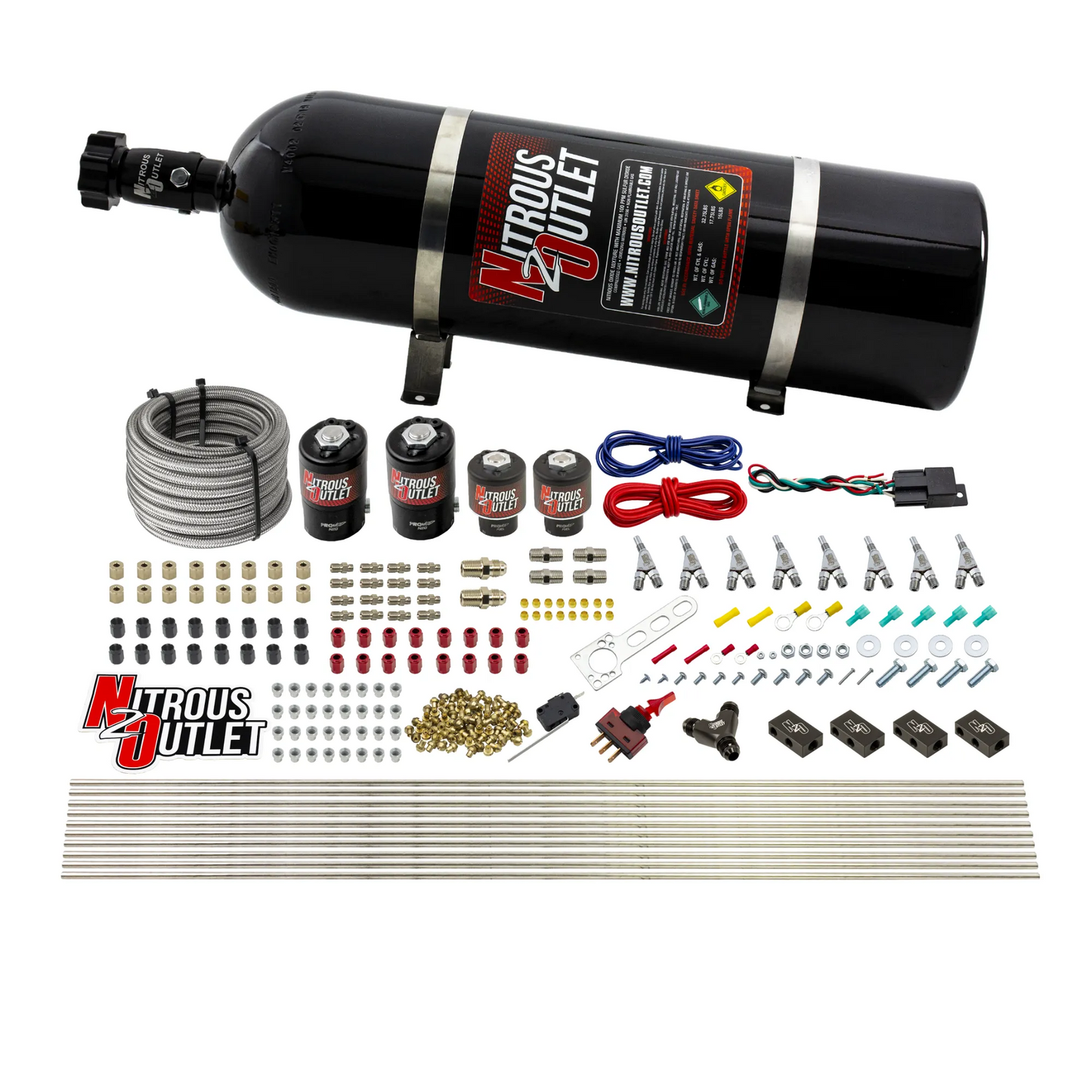 8 Cylinder Single Stage Direct Port Nitrous System - .122 Nitrous/.177 Fuel Solenoids - Straight Blow Through Nozzles