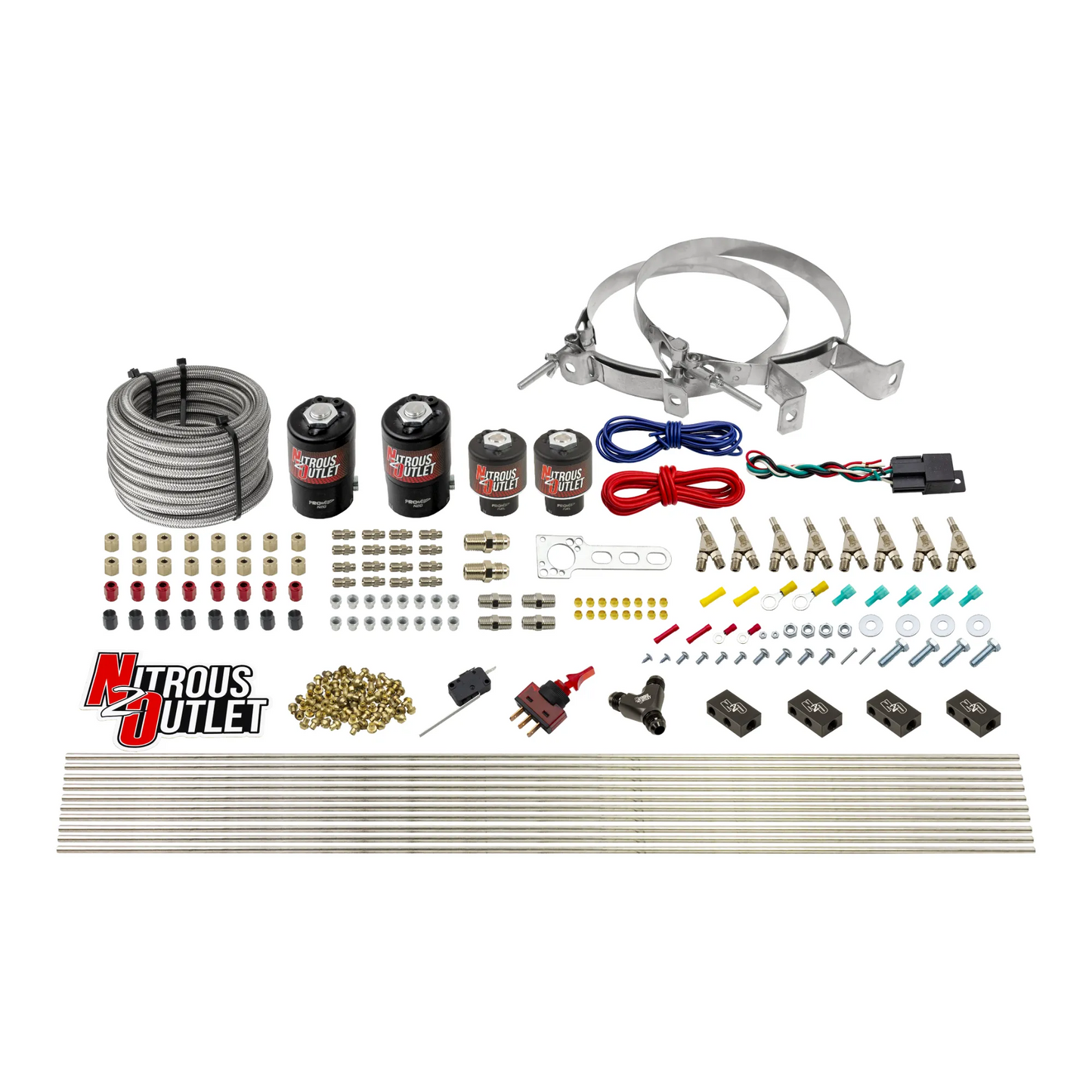 8 Cylinder Dual Stage Direct Port Nitrous System - .122 Nitrous/.177 Fuel Solenoids - Straight Blow Through Nozzles