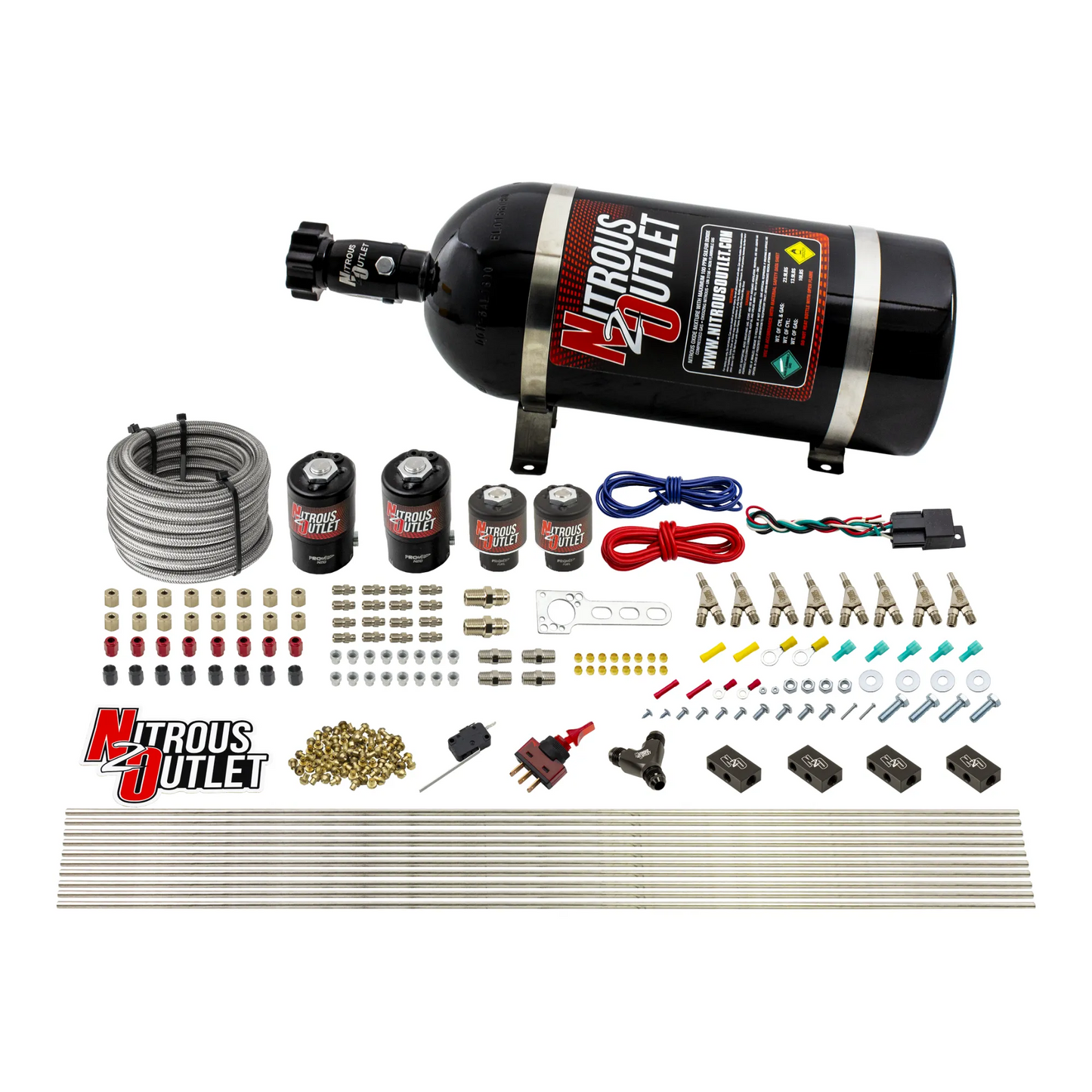 8 Cylinder Dual Stage Direct Port Nitrous System - .122 Nitrous/.177 Fuel Solenoids - Straight Blow Through Nozzles