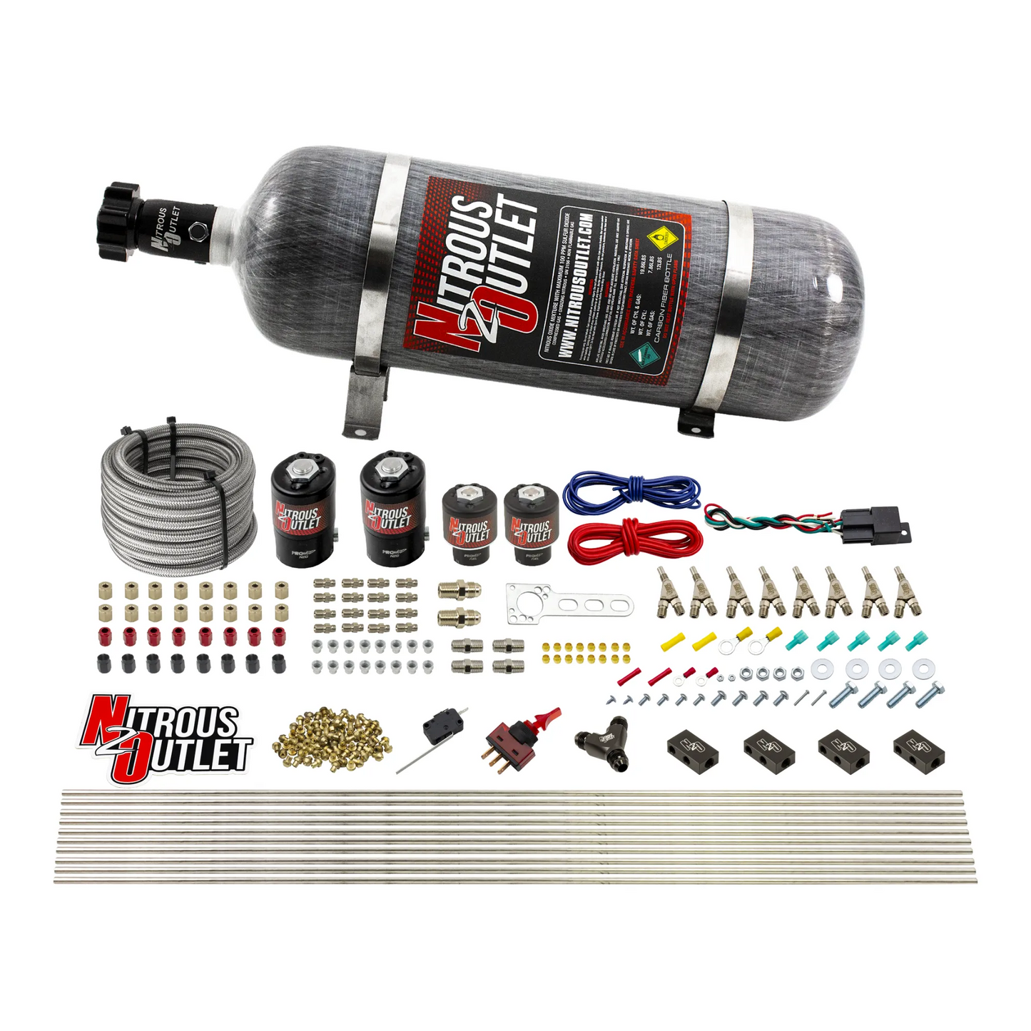 8 Cylinder Dual Stage Direct Port Nitrous System - .122 Nitrous/.177 Fuel Solenoids - Straight Blow Through Nozzles