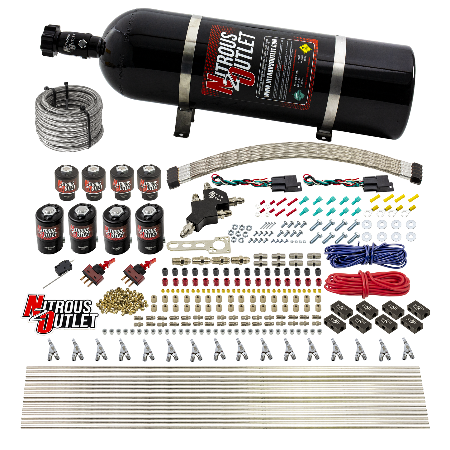8 Cylinder Dual Stage Direct Port Nitrous System - .122 Nitrous/.177 Fuel Solenoids - Straight Blow Through Nozzles