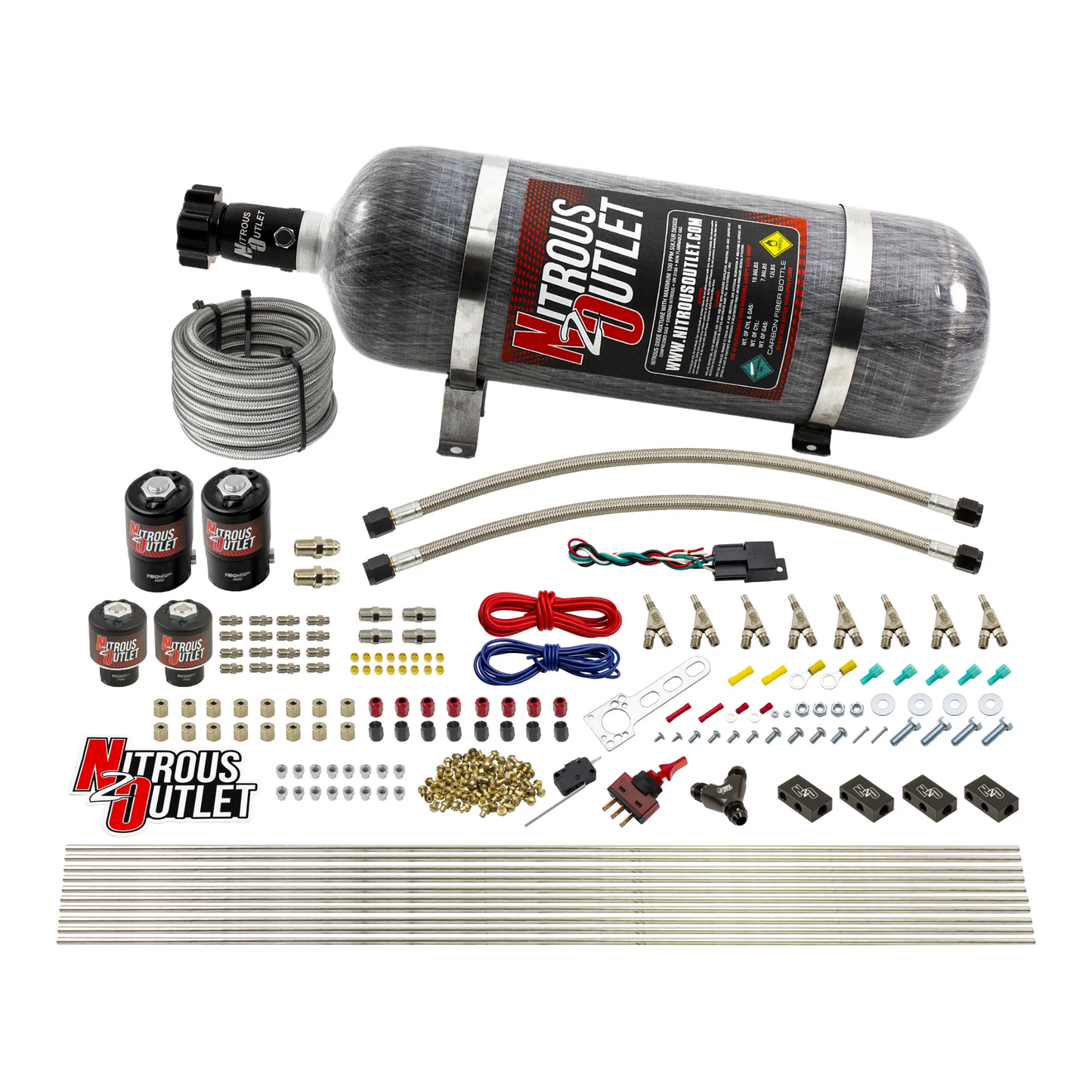 8 Cylinder Single Stage Direct Port Nitrous System - .112 Nitrous/.177 Fuel Solenoids - E85 - Straight Blow Through Nozzles