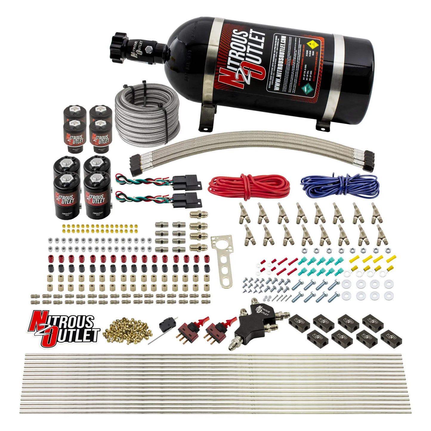 8 Cylinder Dual Stage Direct Port Nitrous System - .112 Nitrous/.177 Fuel Solenoids - E85 - Straight Blow Through Nozzles