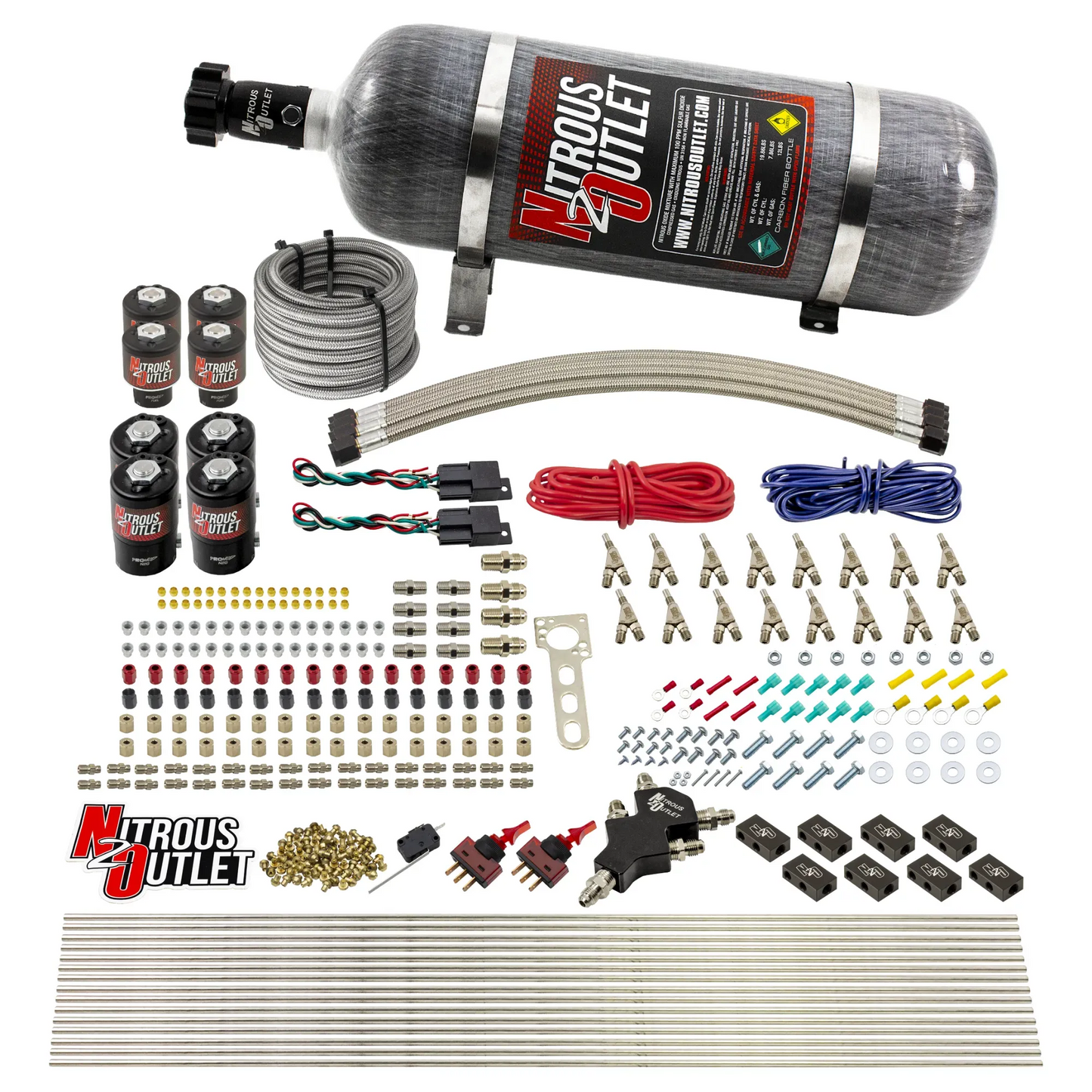 8 Cylinder Dual Stage Direct Port Nitrous System - .112 Nitrous/.177 Fuel Solenoids - E85 - Straight Blow Through Nozzles