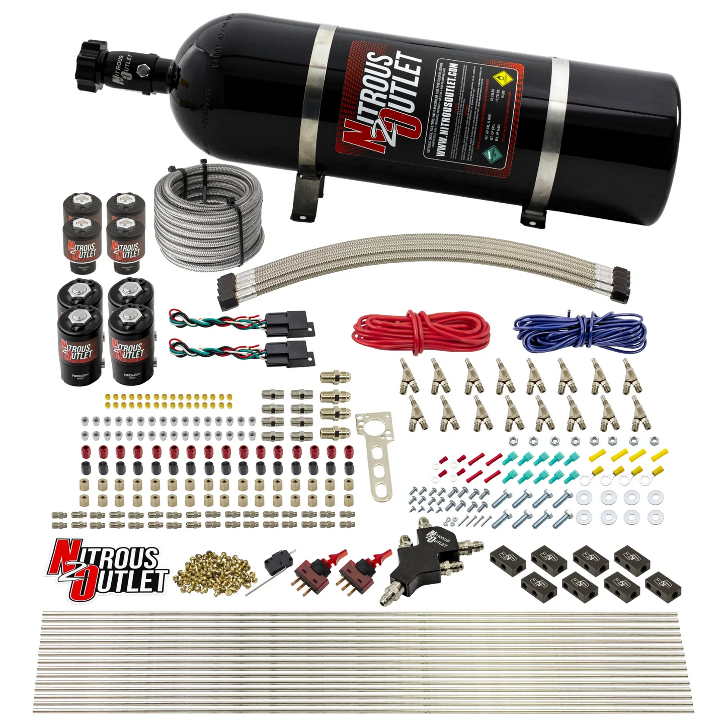 8 Cylinder Dual Stage Direct Port Nitrous System - .112 Nitrous/.177 Fuel Solenoids - E85 - Straight Blow Through Nozzles