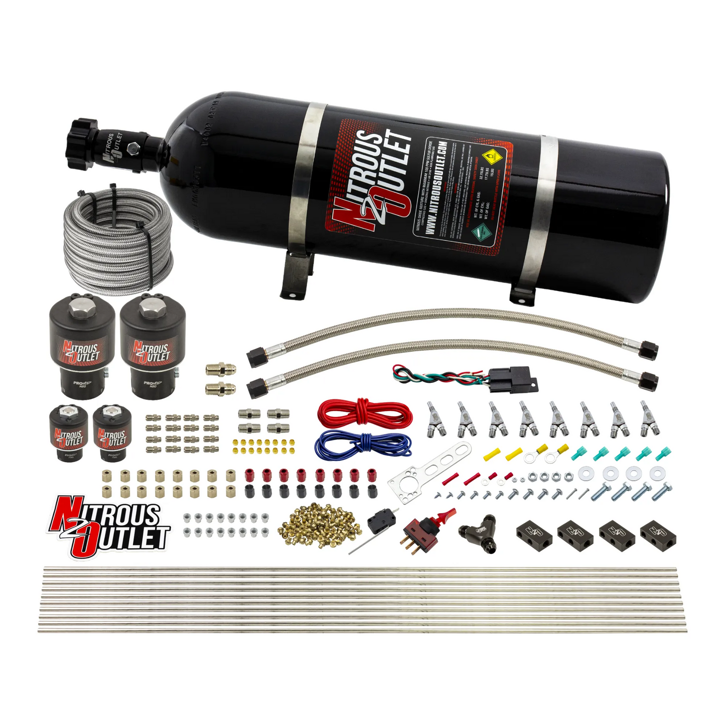 8 Cylinder Single Stage Direct Port Nitrous System - .178 Nitrous/.177 Fuel Solenoids - E85 - Straight Blow Through Nozzles