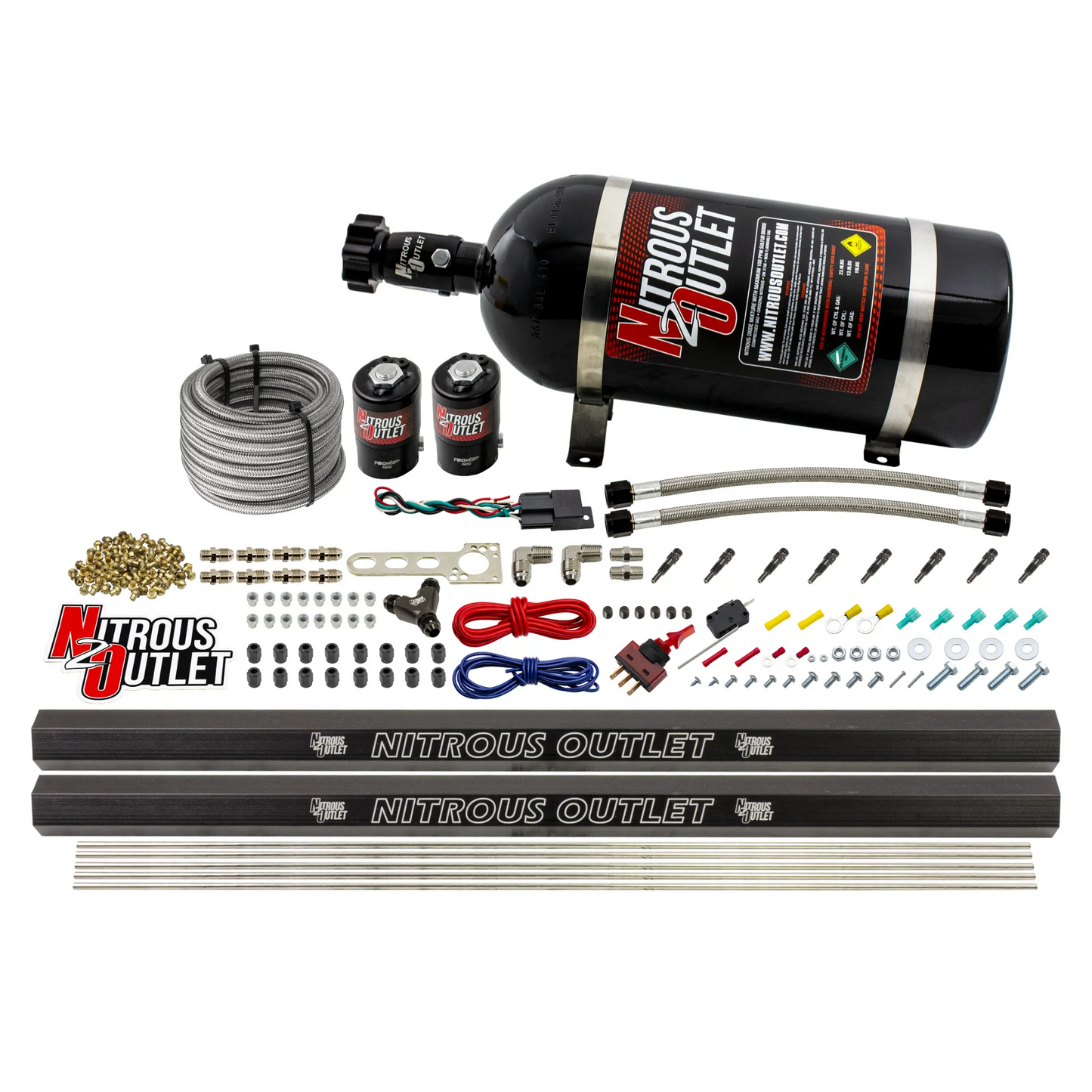 8 Cylinder 2 Solenoid Dry Direct Port System With Dual Rails - .122" Nitrous - 90° Discharge Nozzles