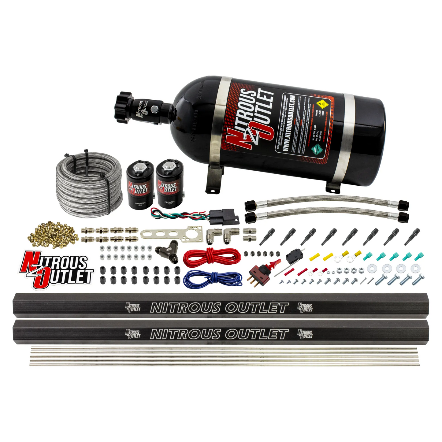 8 Cylinder 2 Solenoid Dry Direct Port System With Dual Rails - .122" Nitrous - Straight Blow Through Nozzles