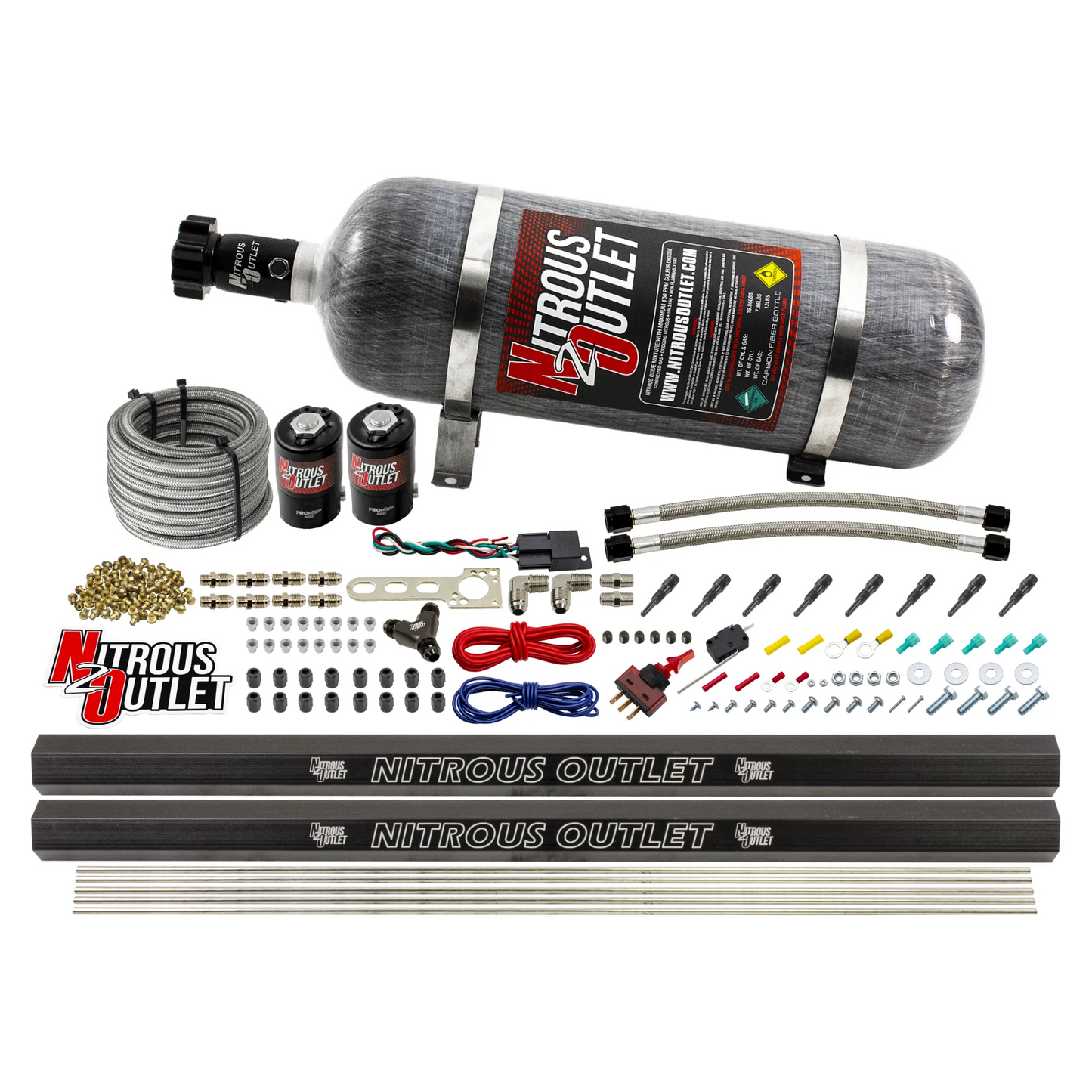 8 Cylinder 2 Solenoid Dry Direct Port System With Dual Rails - .122" Nitrous - Straight Blow Through Nozzles