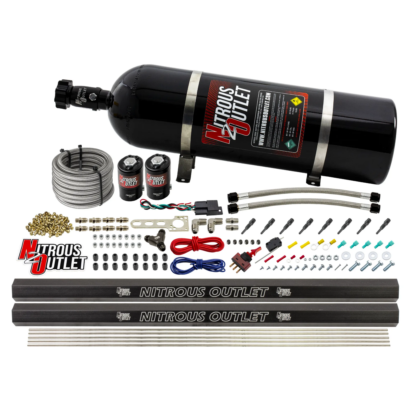 8 Cylinder 2 Solenoid Dry Direct Port System With Dual Rails - .122" Nitrous - Straight Blow Through Nozzles