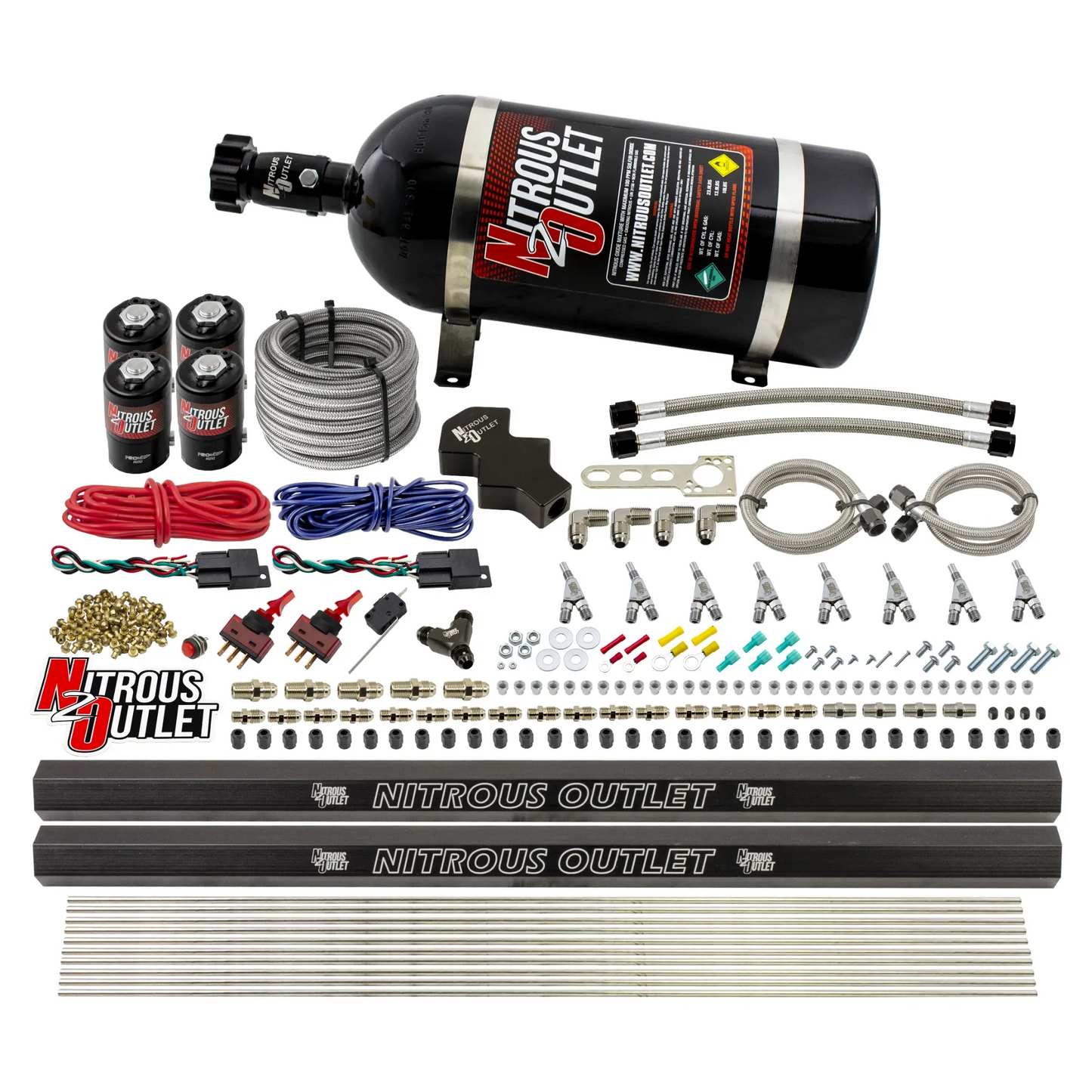 8 Cylinder 4 Solenoid Dry Dual Stage Direct Port System With Dual Rails - .112 Nitrous - Straight Blow Through Nozzles