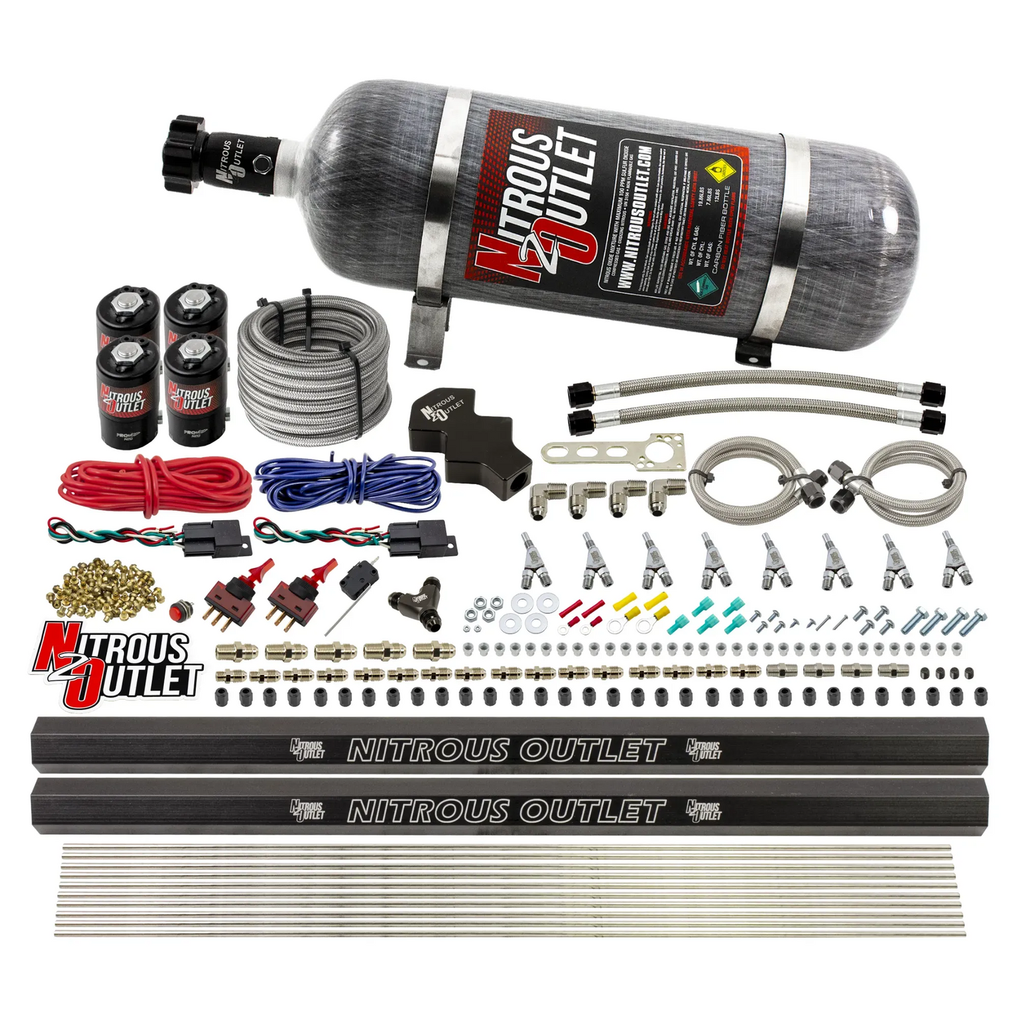 8 Cylinder 4 Solenoid Dry Dual Stage Direct Port System With Dual Rails - .112 Nitrous - Straight Blow Through Nozzles