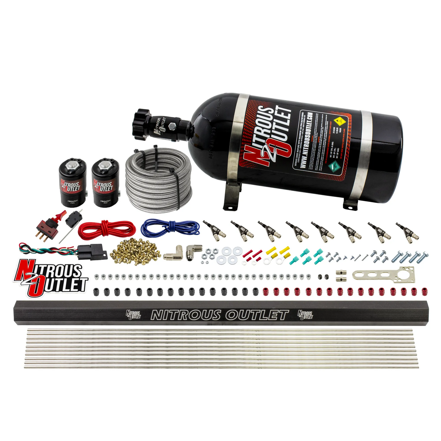 8 Cylinder 2 Solenoid Direct Port System With Single Injection Rail - .122 Nitrous/.310 Fuel - 90° Discharge Nozzles