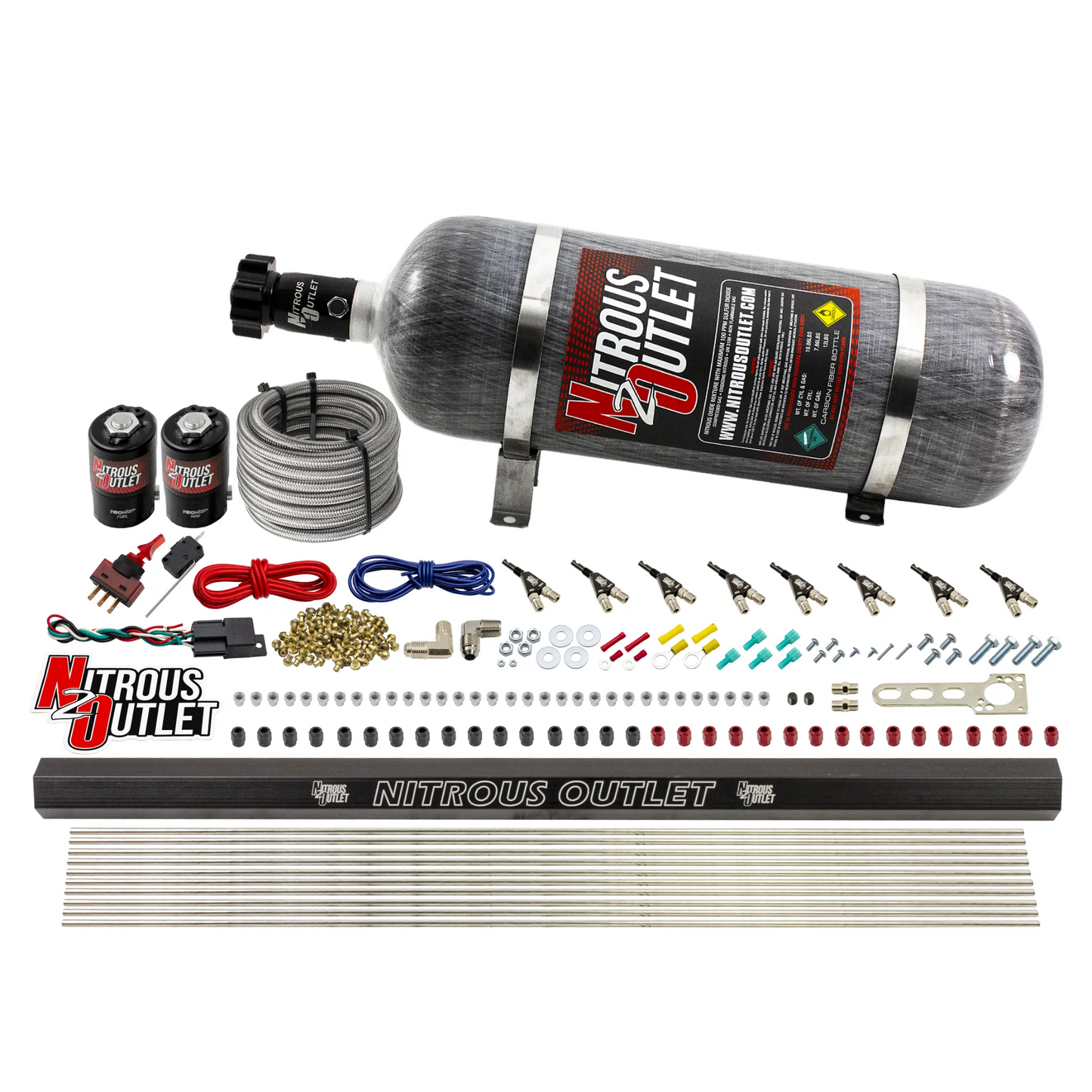 8 Cylinder 2 Solenoid Direct Port System With Single Injection Rail - .122 Nitrous/.310 Fuel - 90° Discharge Nozzles