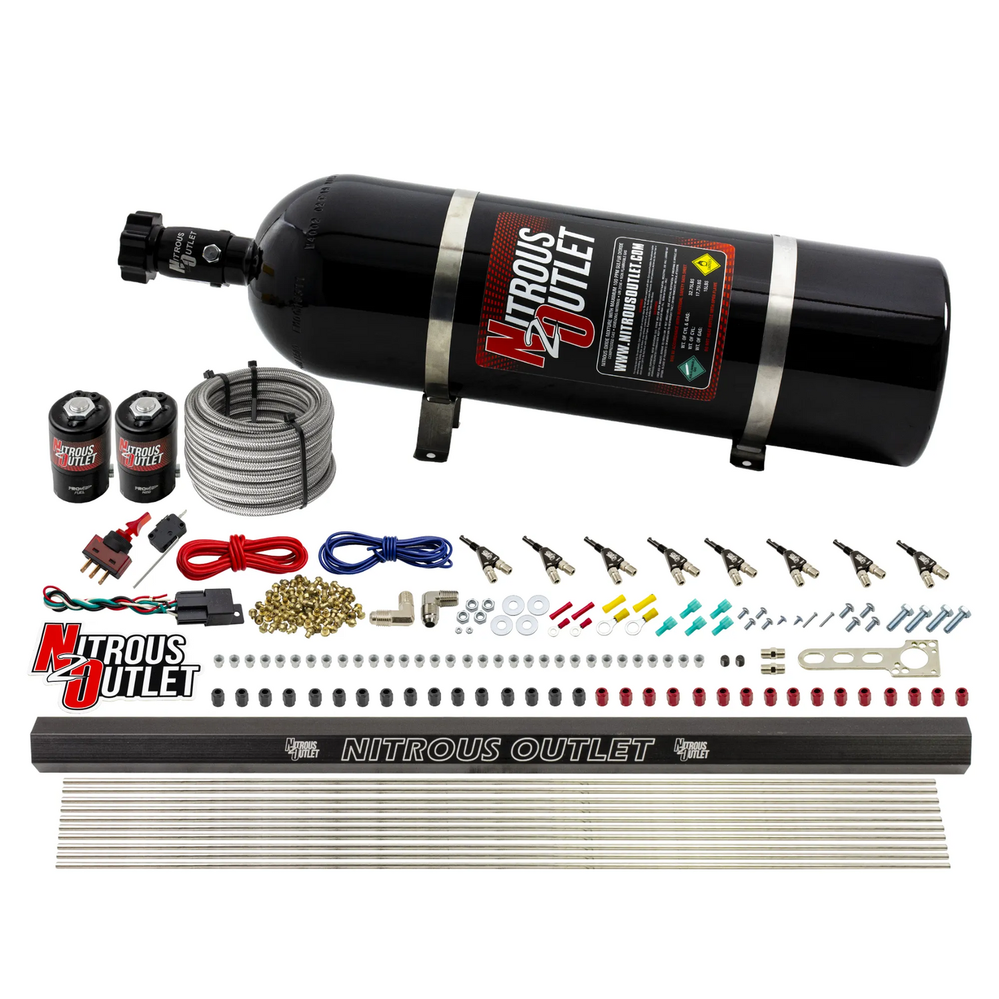 8 Cylinder 2 Solenoid Direct Port System With Single Injection Rail - .122 Nitrous/.310 Fuel - 90° Discharge Nozzles