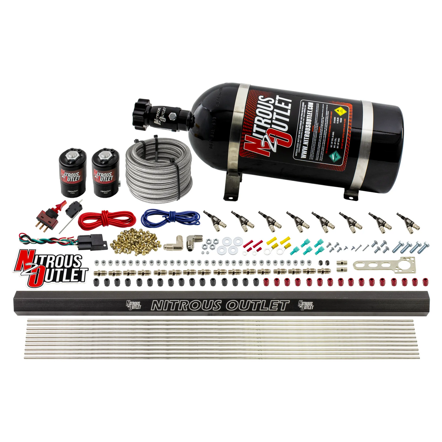 8 Cylinder Direct Port System With Single Injection Rail - .122 Nitrous/.310 Fuel - 90° Discharge Nozzles - 45-55 PSI E85