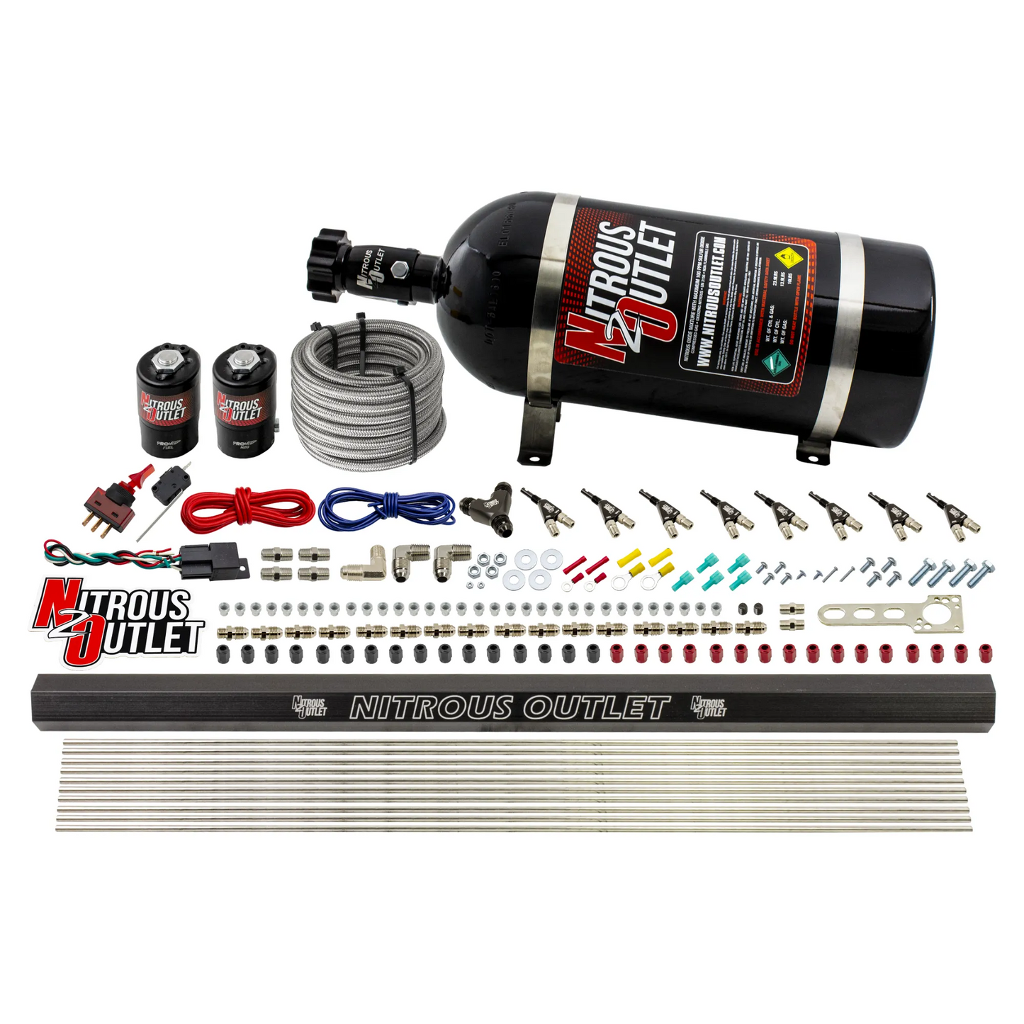 8 Cylinder Direct Port System With Single Injection Rail - .122 Nitrous/.310 Fuel - 90° Discharge Nozzles - 45-55 PSI - Gas