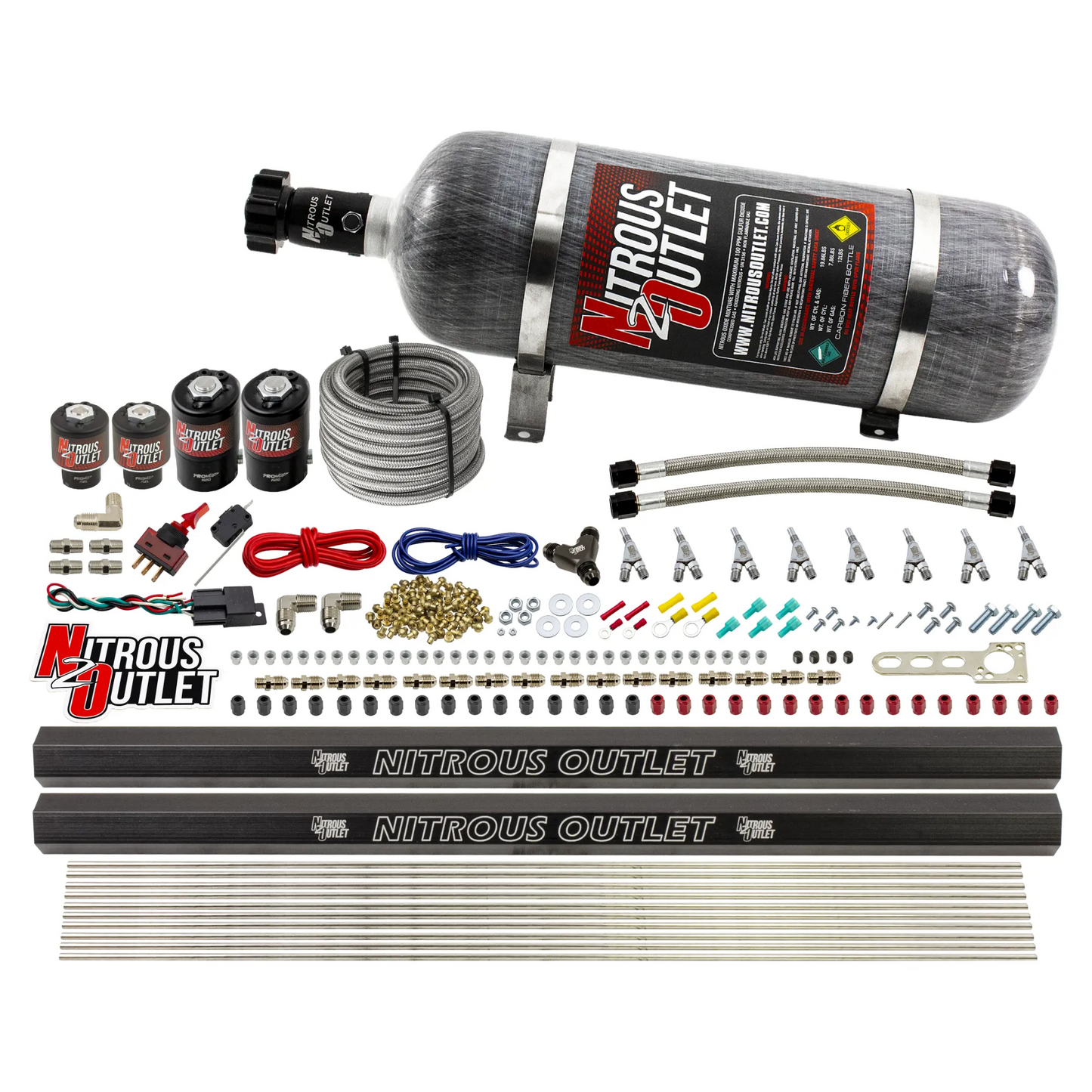 8 Cylinder Single Stage Direct Port Nitrous System with Injection Rails - E85 - .112 Nitrous/.177 Fuel - Straight Blow Through Nozzles