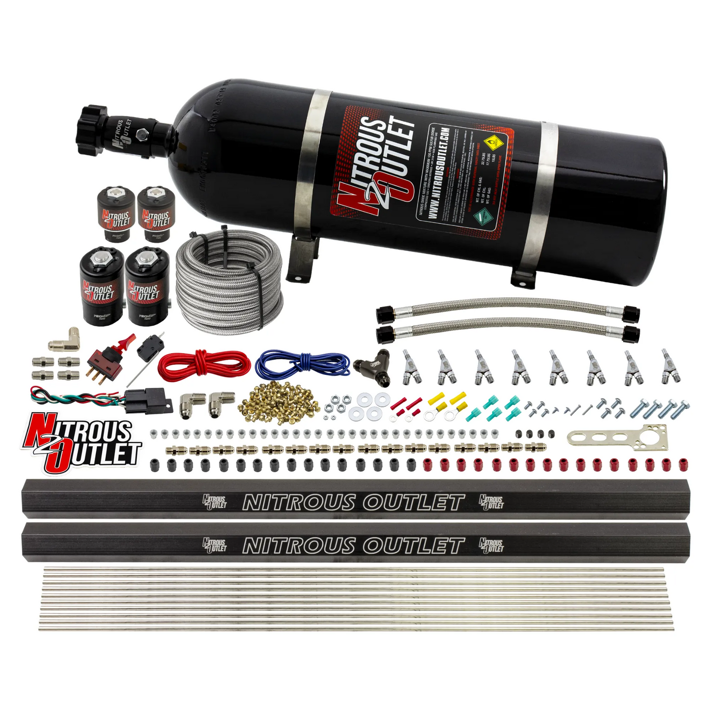 8 Cylinder Single Stage Direct Port Nitrous System with Injection Rails - Gas - .122 Nitrous/.177 Fuel - Straight Blow Through Nozzles