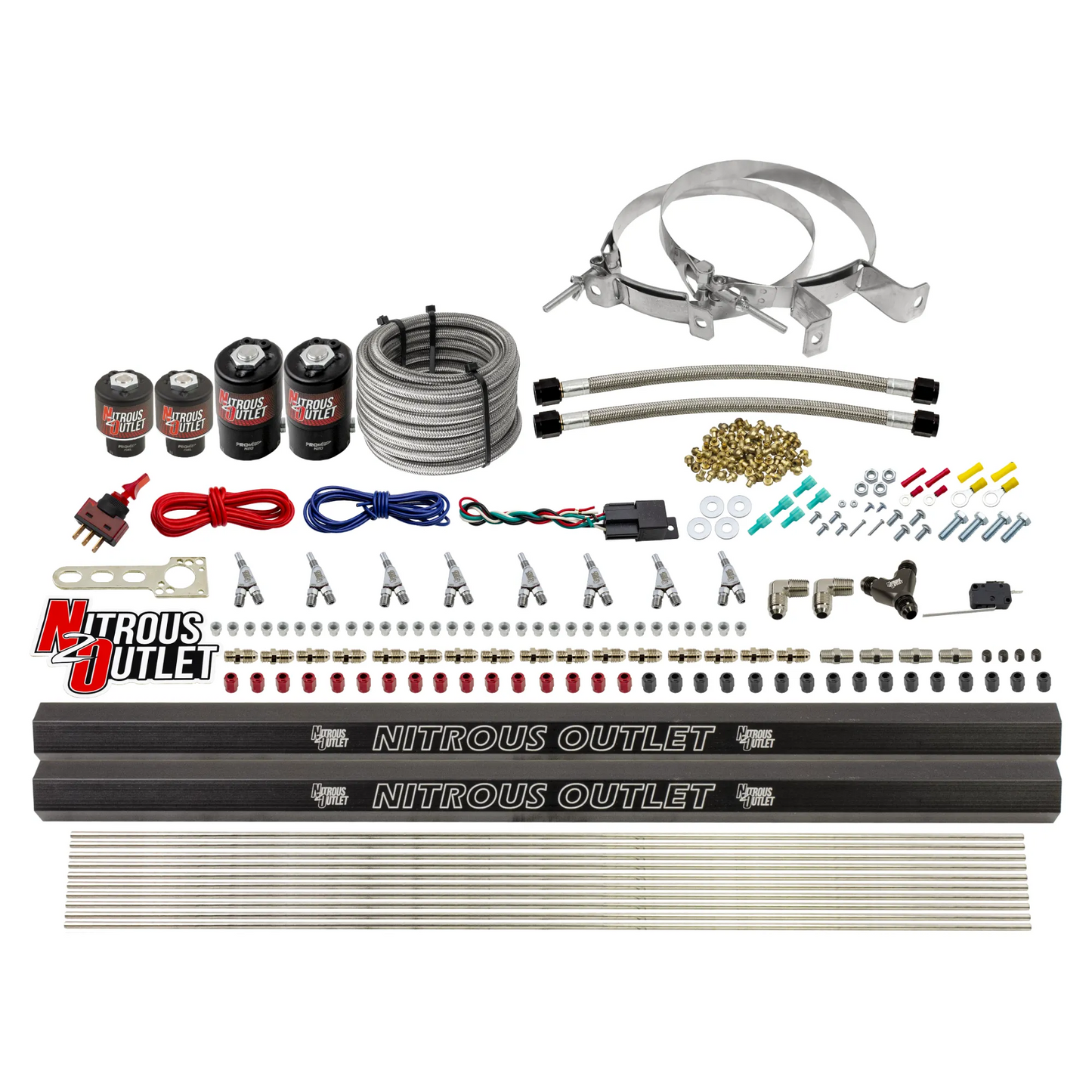 8 Cylinder Single Stage Direct Port Nitrous System with Injection Rails - Gas - .122 Nitrous/.177 Fuel - 45-55 PSI - Straight Blow Through Nozzles