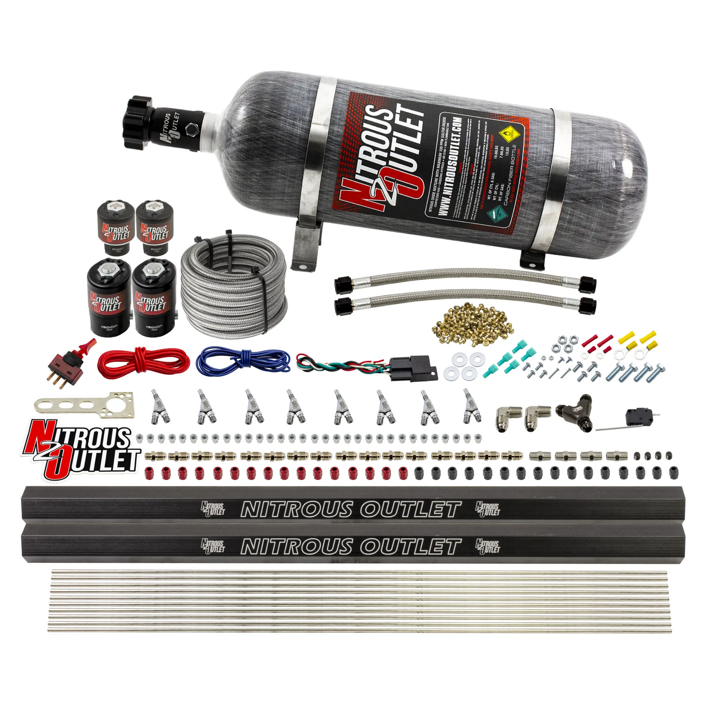 8 Cylinder Single Stage Direct Port Nitrous System with Injection Rails - Gas - .122 Nitrous/.177 Fuel - 45-55 PSI - Straight Blow Through Nozzles