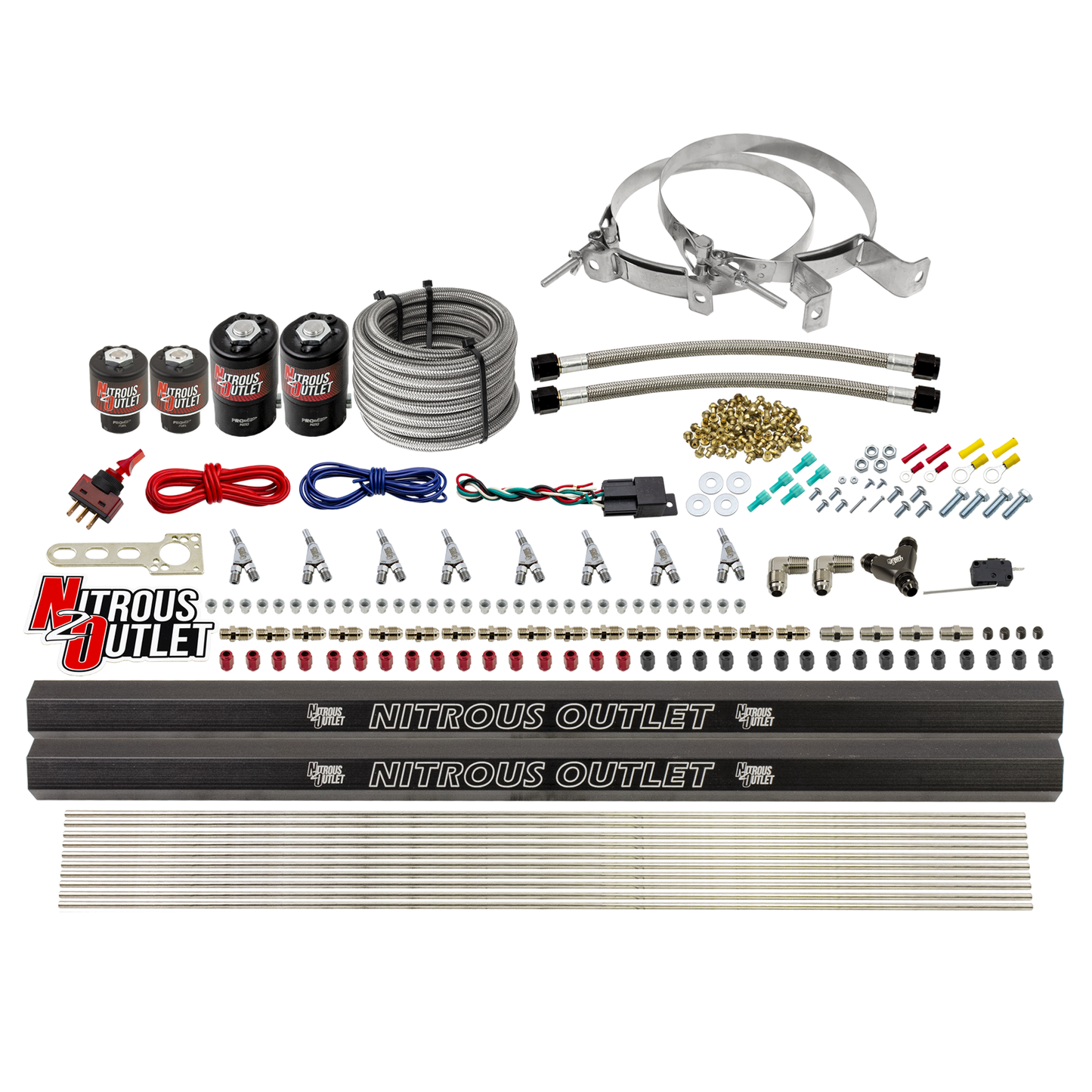 8 Cylinder Single Stage Direct Port Nitrous System with Injection Rails - Gas - .112 Nitrous/.177 Fuel - 45-55 PSI - Straight Blow Through Nozzles