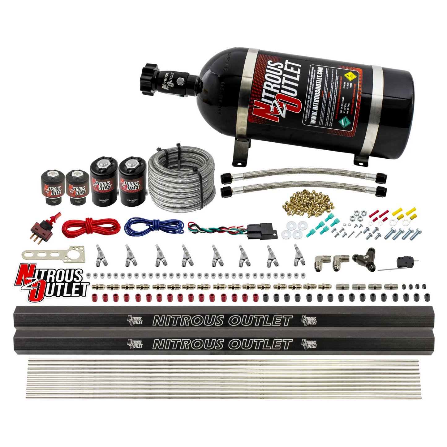 8 Cylinder Single Stage Direct Port Nitrous System with Injection Rails - E85 - .112 Nitrous/.177 Fuel - 45-55 PSI - Straight Blow Through Nozzles