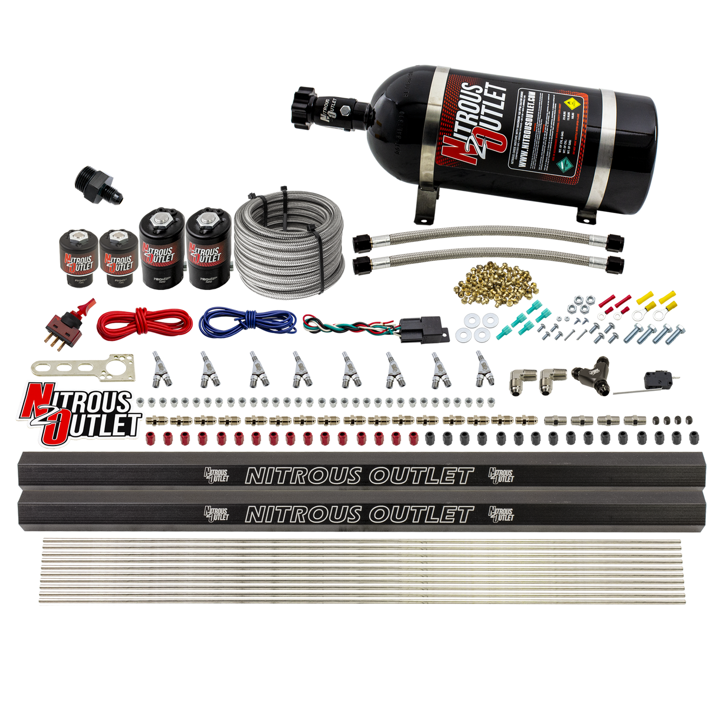 8 Cylinder Single Stage Direct Port Nitrous System with Injection Rails - Gas - .112 Nitrous/.177 Fuel - 45-55 PSI - Straight Blow Through Nozzles