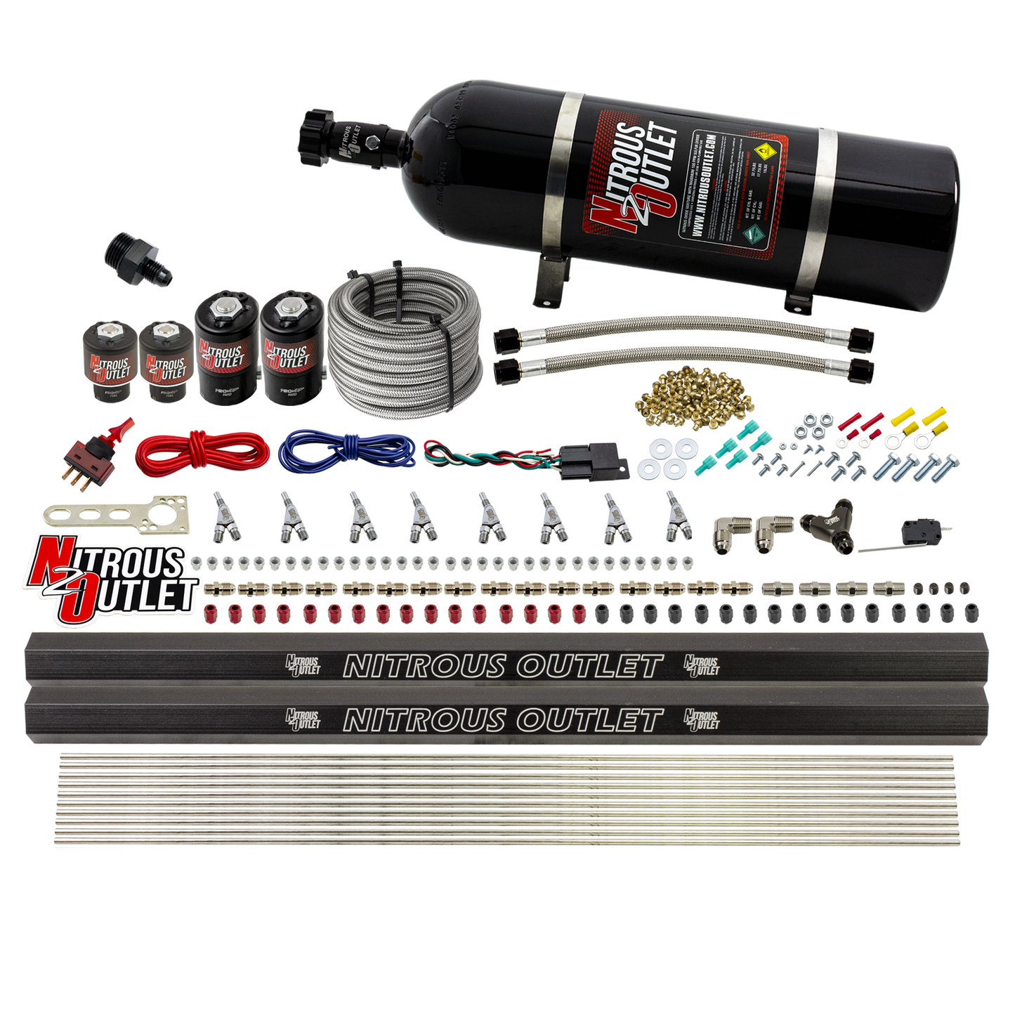 8 Cylinder Single Stage Direct Port Nitrous System with Injection Rails - Gas - .112 Nitrous/.177 Fuel - 45-55 PSI - Straight Blow Through Nozzles